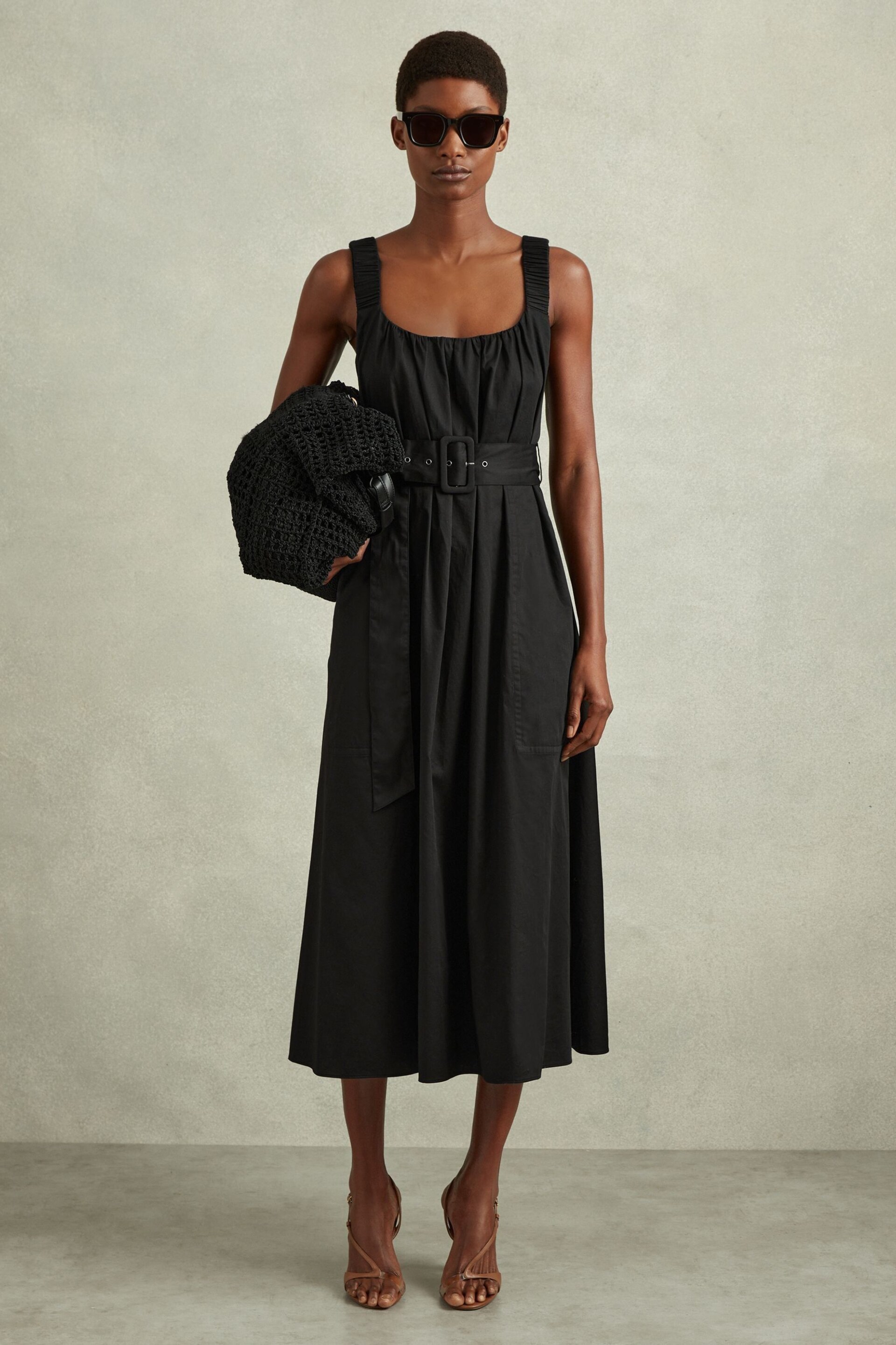 Reiss Black Liza Petite Cotton Ruched Strap Belted Midi Dress - Image 3 of 5