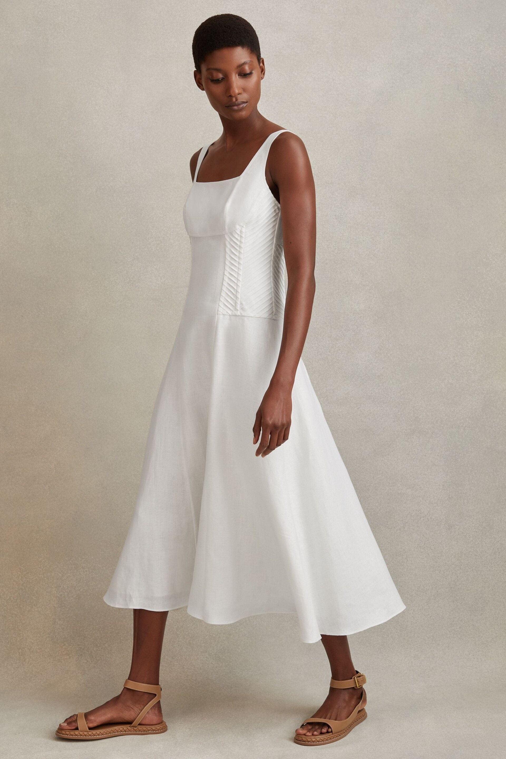 Reiss Ivory Etta Linen Corset Midi Dress - Image 1 of 5