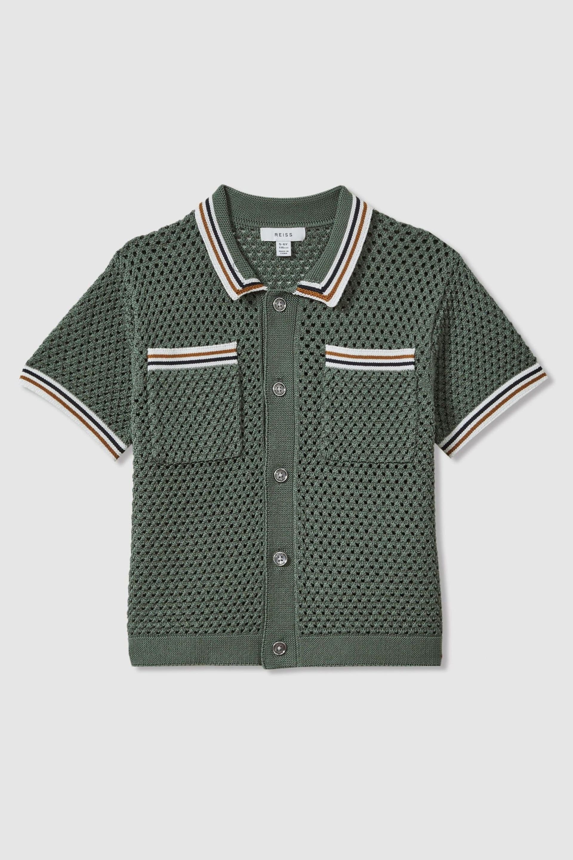 Reiss Dark Sage Green Coulson Teen Crochet Contrast Trim Shirt - Image 1 of 5