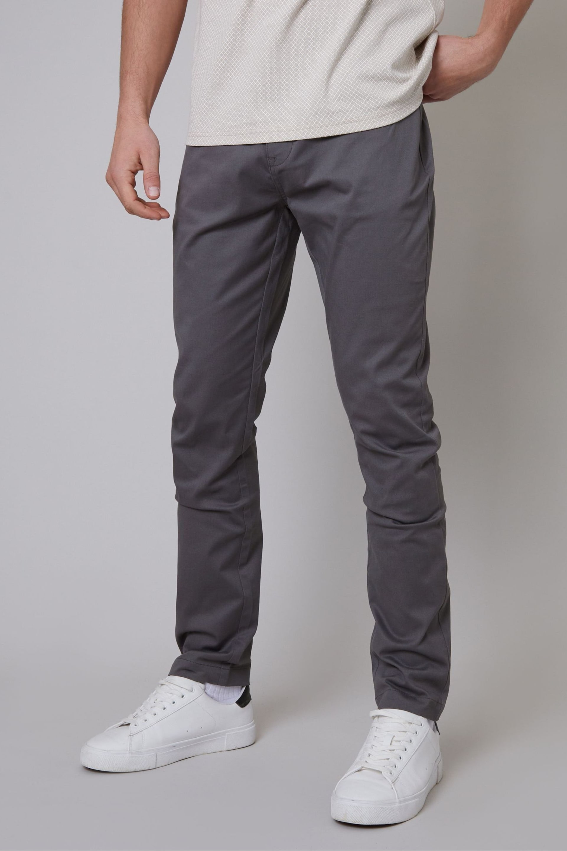 Threadbare Grey Cotton Slim Fit 5 Pocket Chino Trousers With Stretch - Image 1 of 4