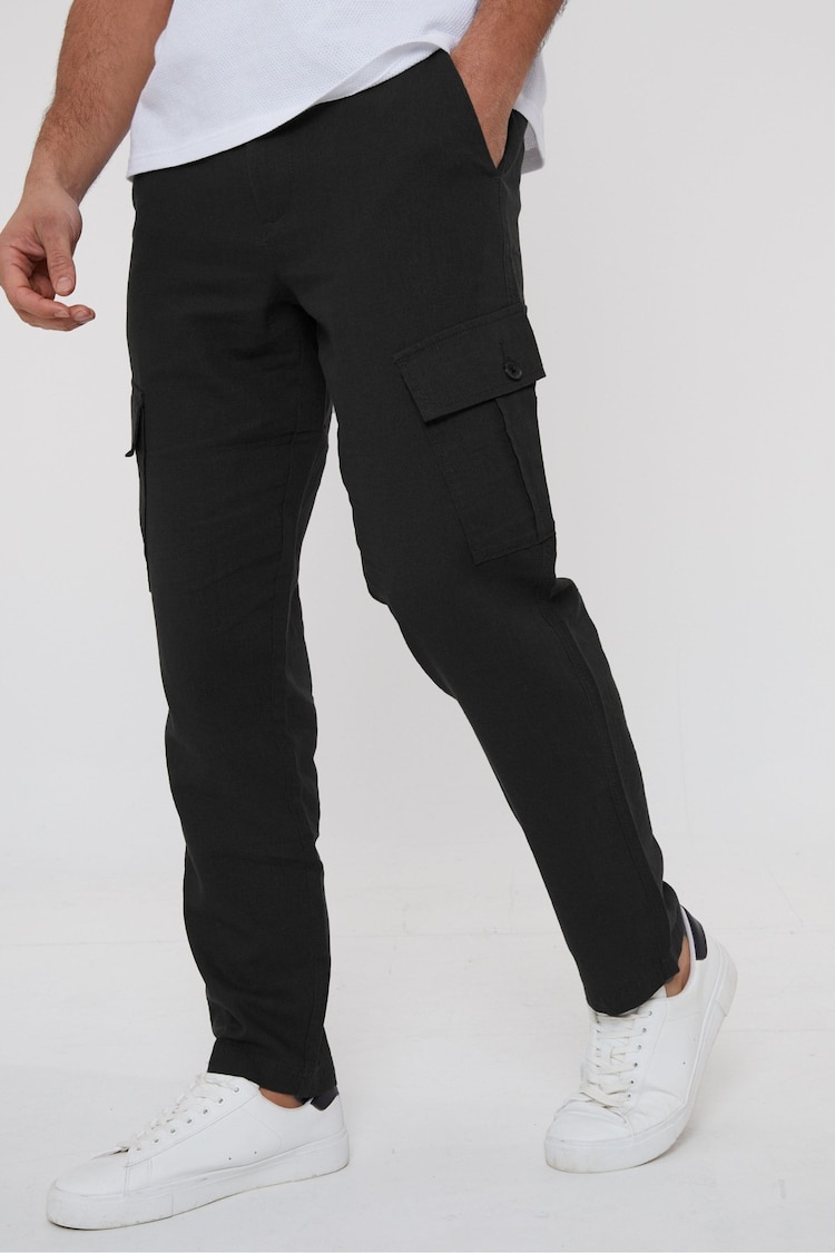 Threadbare Black Linen Blend Cargo Trousers - Image 1 of 5