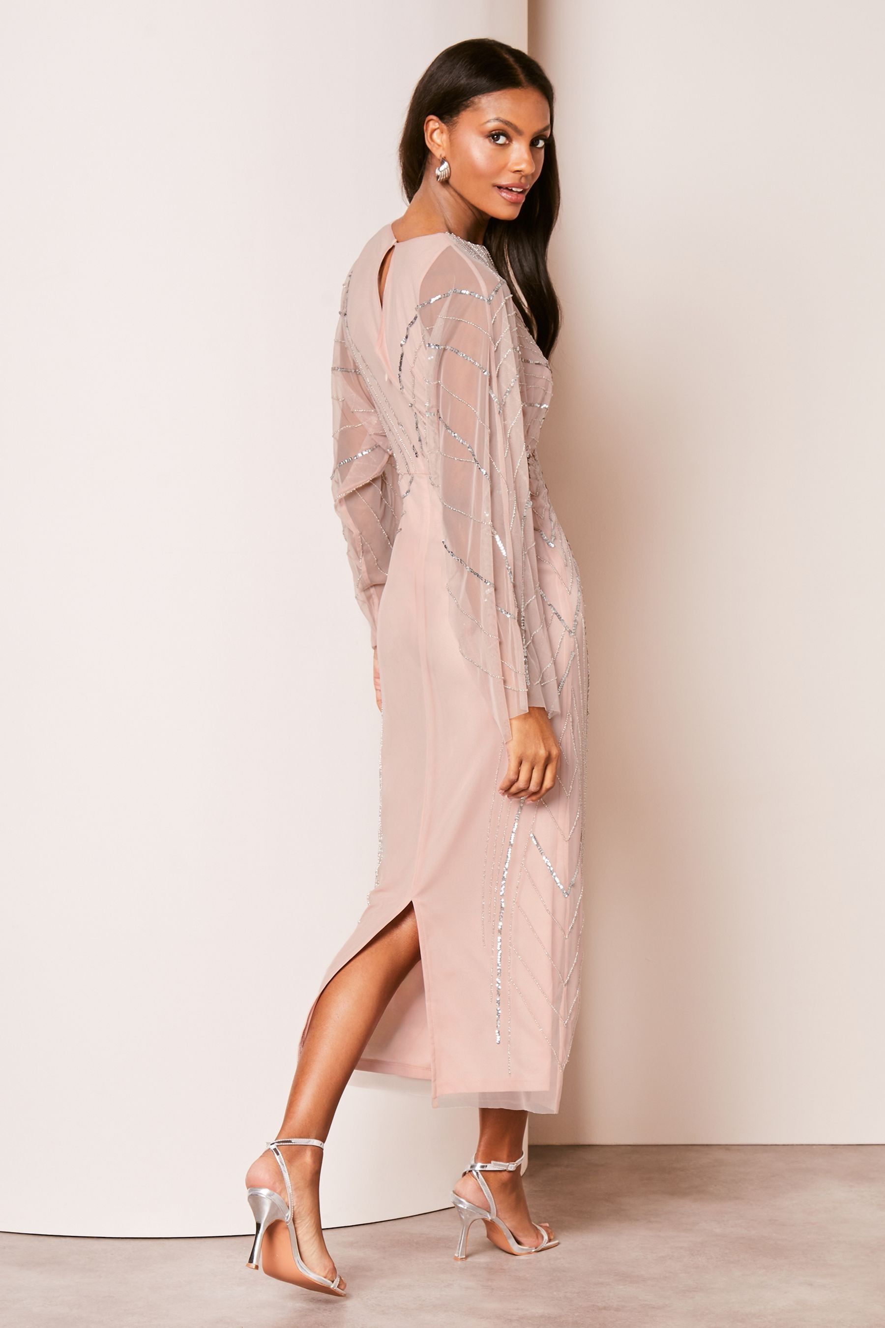 Buy Lipsy Pink Hand Embellished Mesh Sleeve Cape Maxi Dress from Next Luxembourg