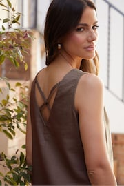 Threadbare Brown Petite Linen Blend V-Neck Shift Dress - Image 4 of 4