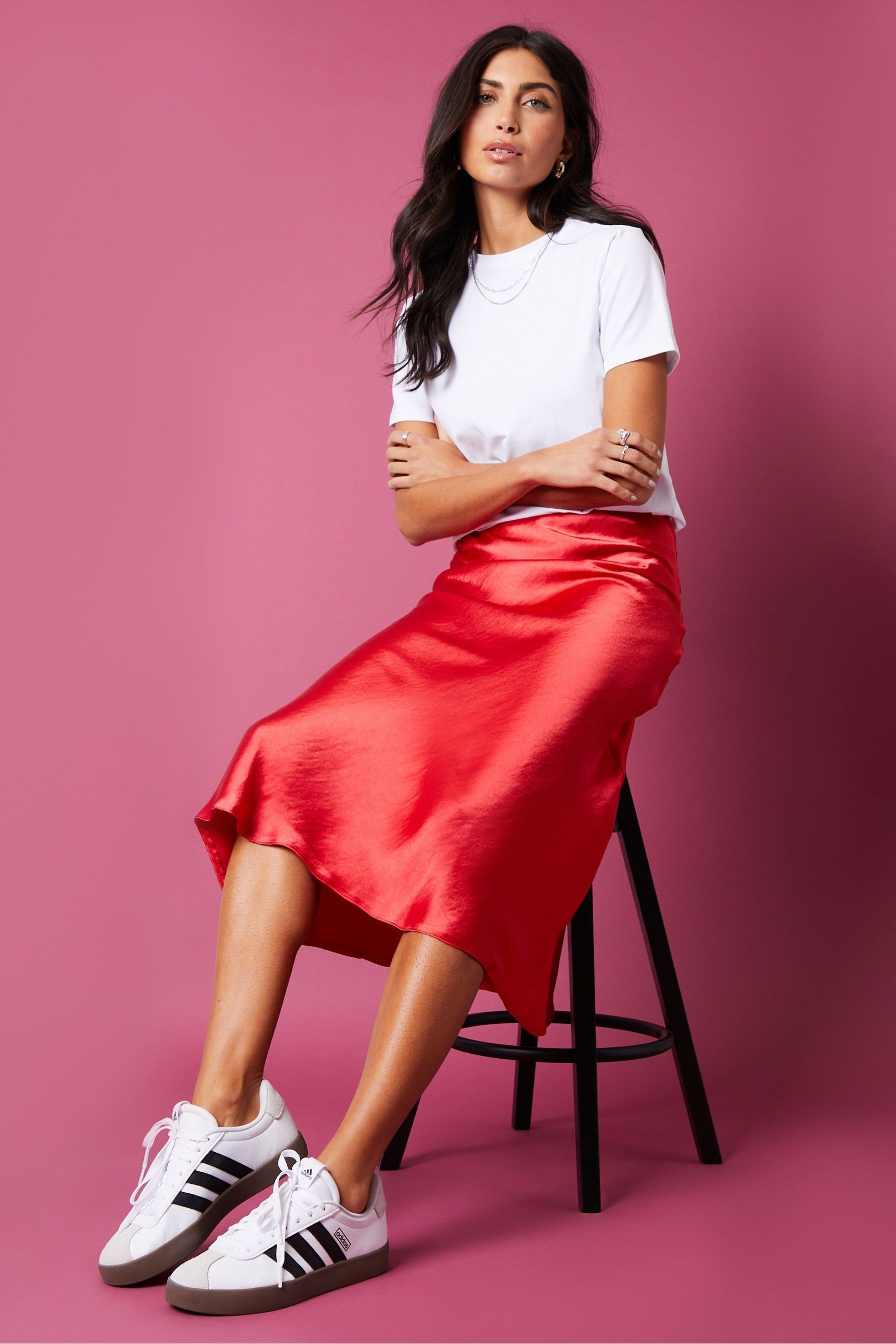 Satin midi skirt with sneakers new arrivals