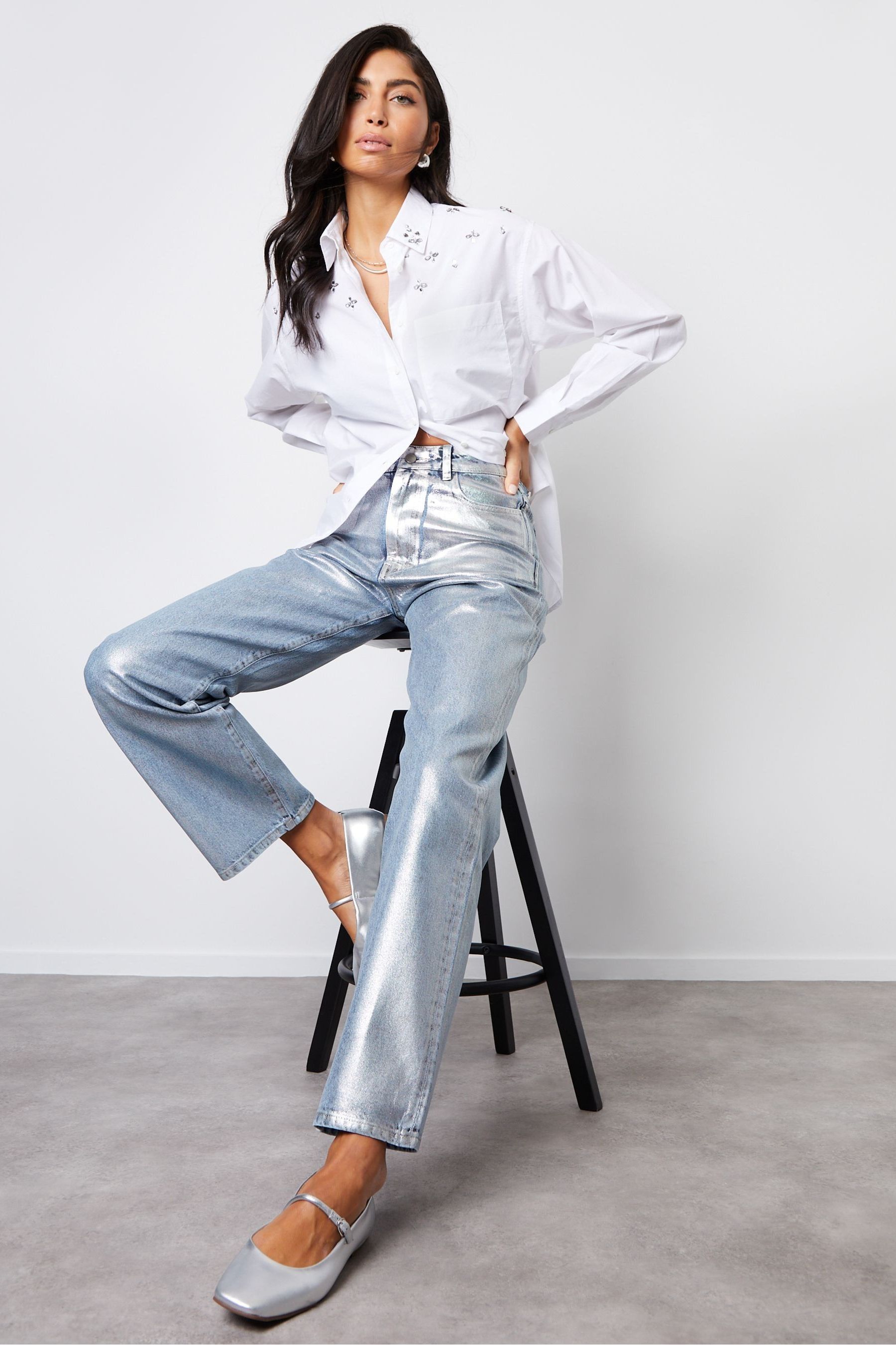 Buy Threadbare Silver Wide Leg Coated Metallic Denim 100 Cotton Jeans from Next United Arab Emirates