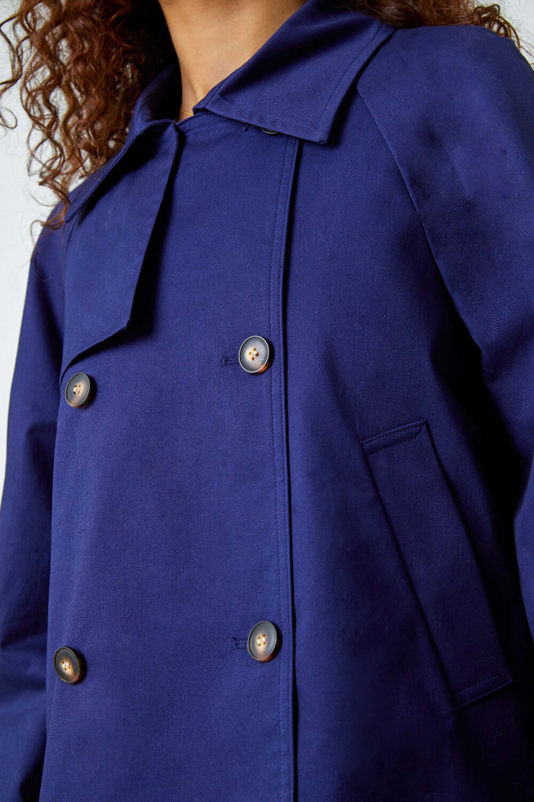 Roman Blue Cotton Blend Cropped Stretch Trench Coat