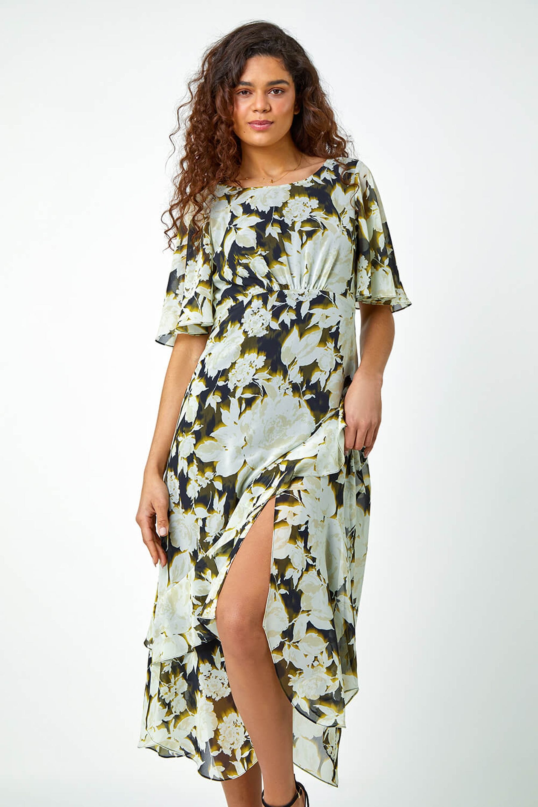 Buy Roman Green Floral Print Chiffon Tiered Midi Dress from the Next UK online shop