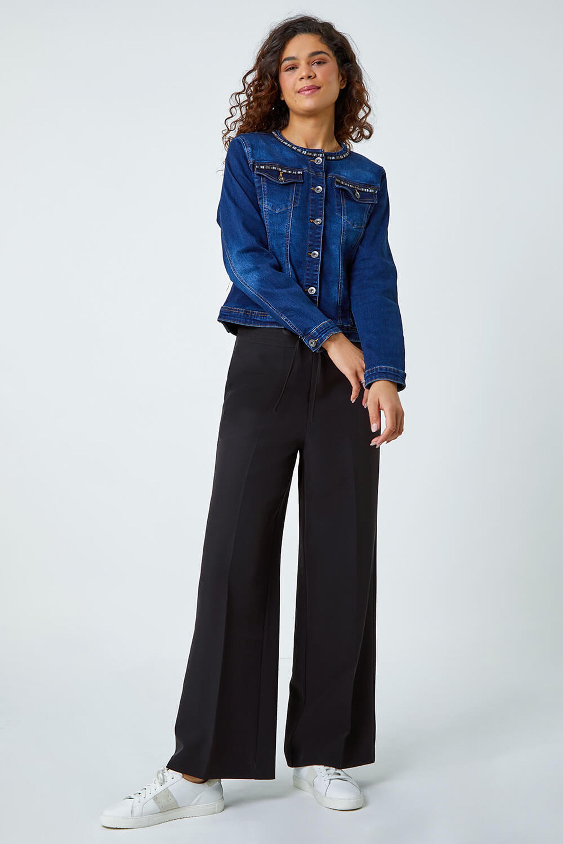 Buy Roman Blue Collarless Tape Stretch Denim Jacket from the Next UK online shop