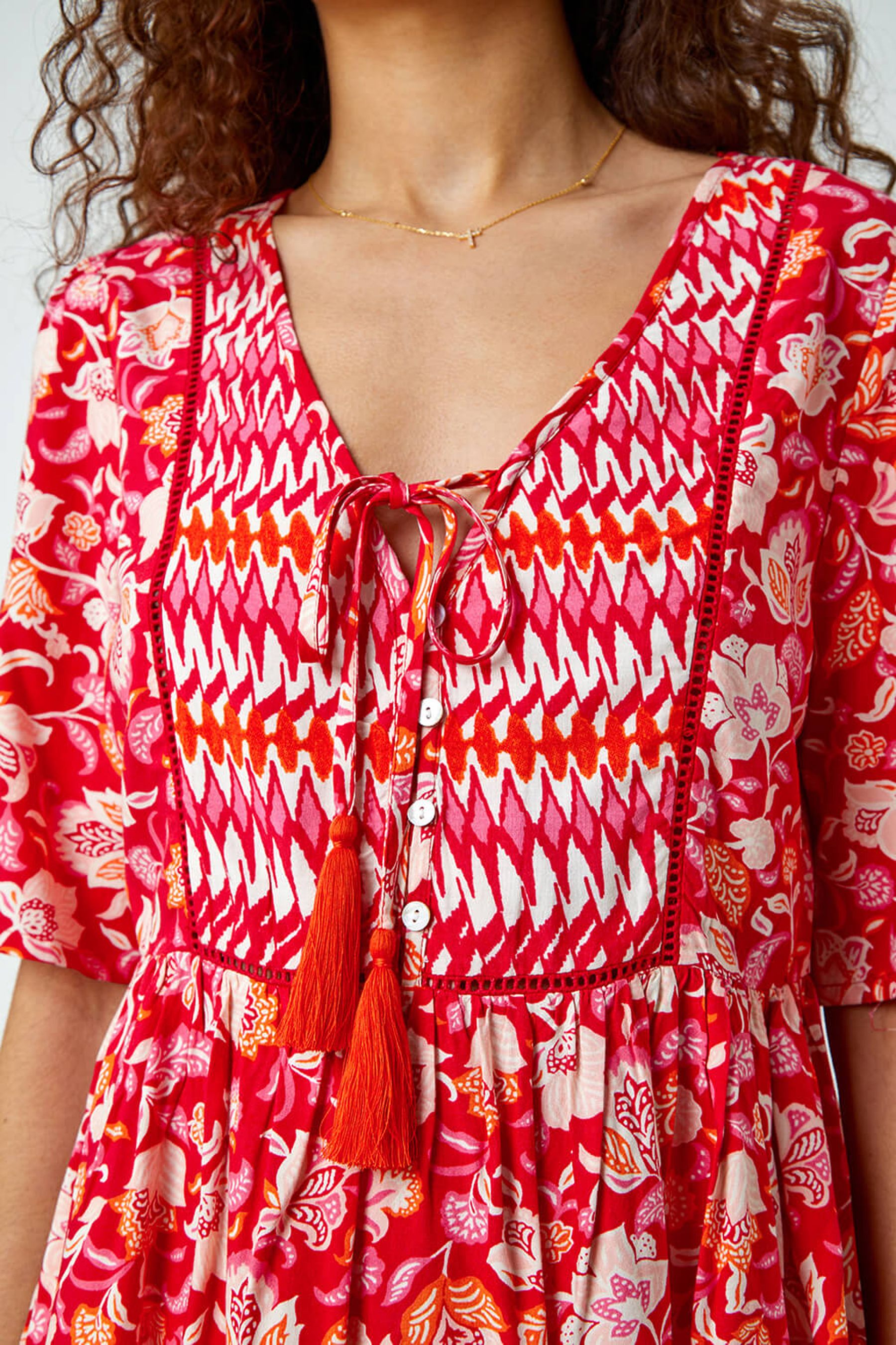 Joy*Joy Red Flowers Smocked Tie Top