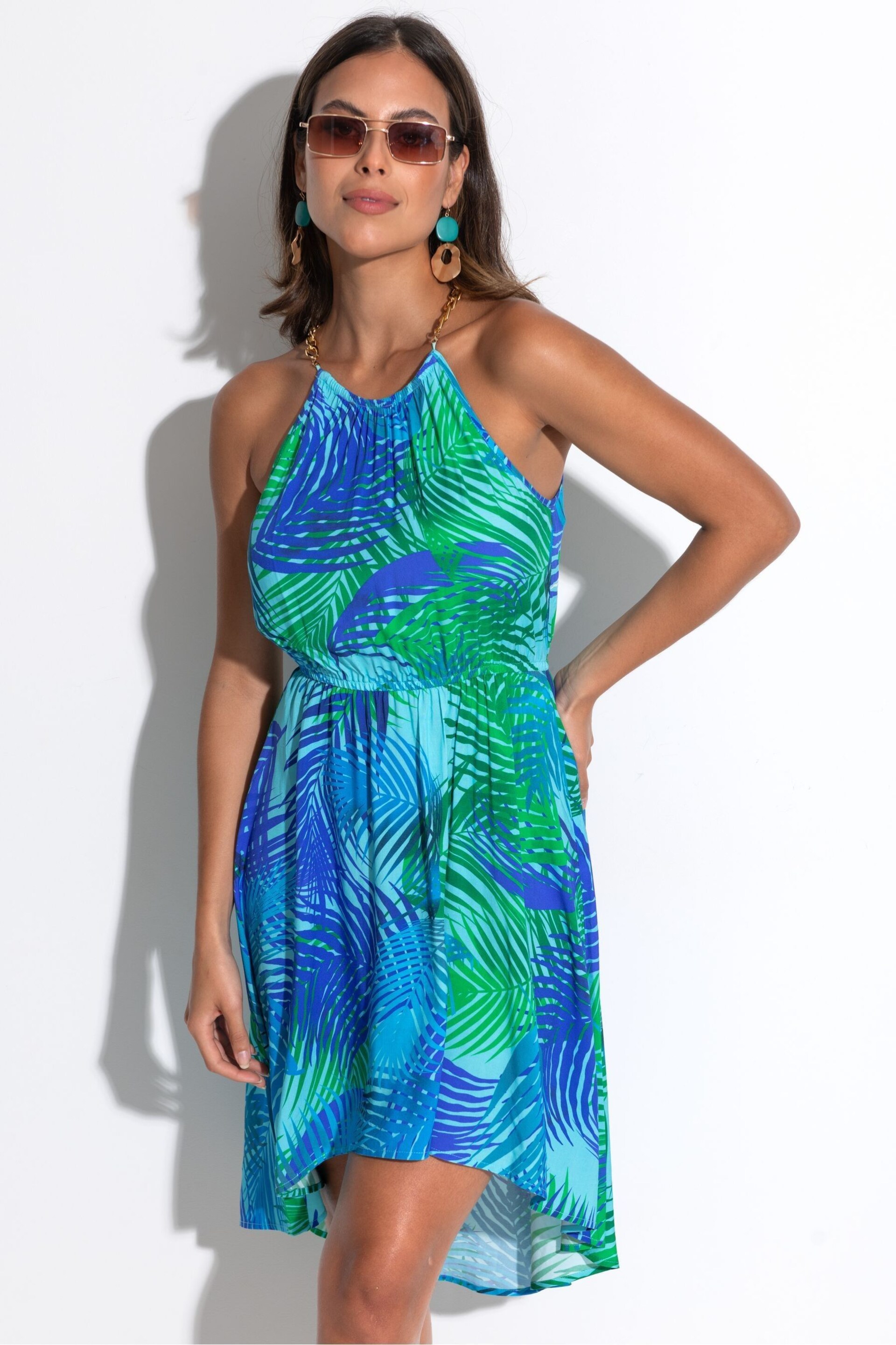 Pour Moi Blue LENZING™ ECOVERO™ Viscose Gold Chain High Neck Beach Dress - Image 1 of 4