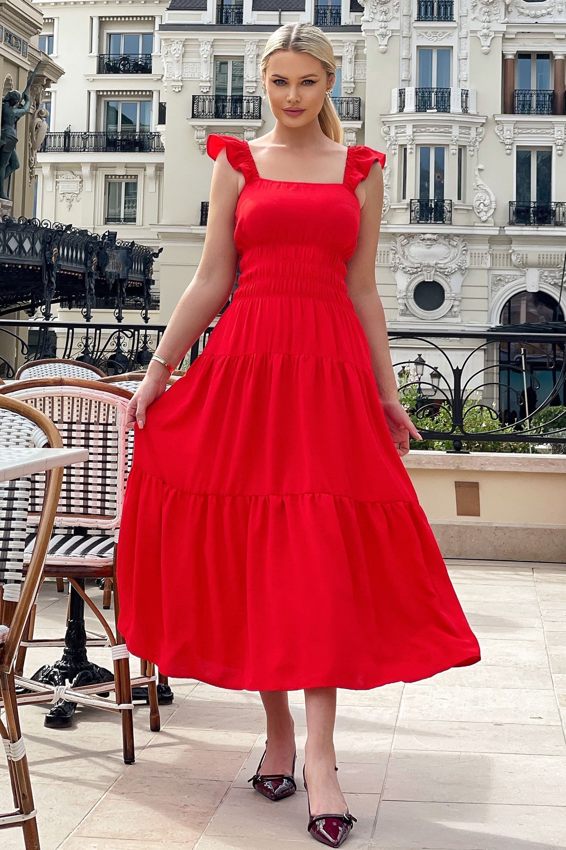 Women Red Ric Rac Lace Strappy Tiered Midi Dress