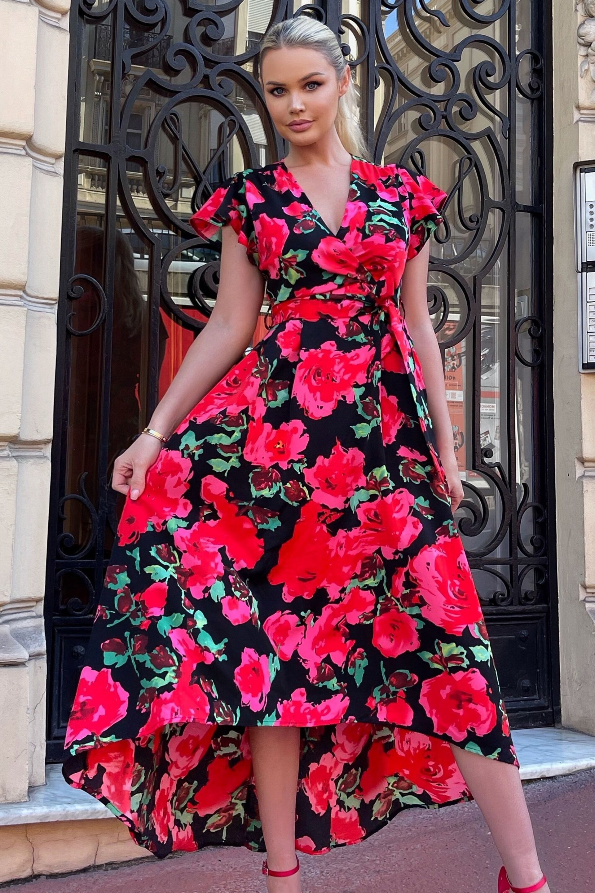 AX Paris Red Floral Print Short Sleeve Belted Wrap Midi Dress - Image 1 of 4