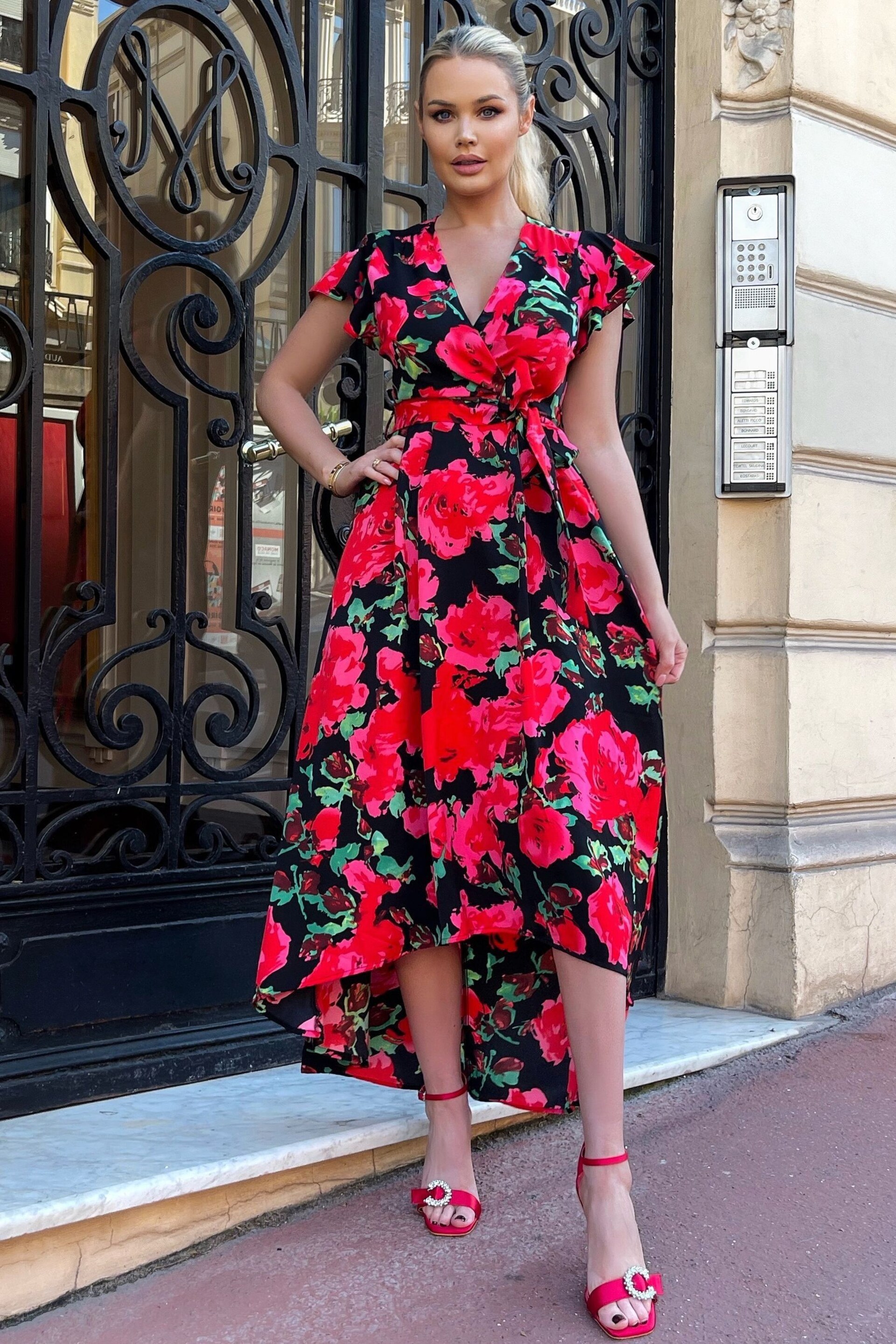 AX Paris Red Floral Print Short Sleeve Belted Wrap Midi Dress - Image 2 of 4
