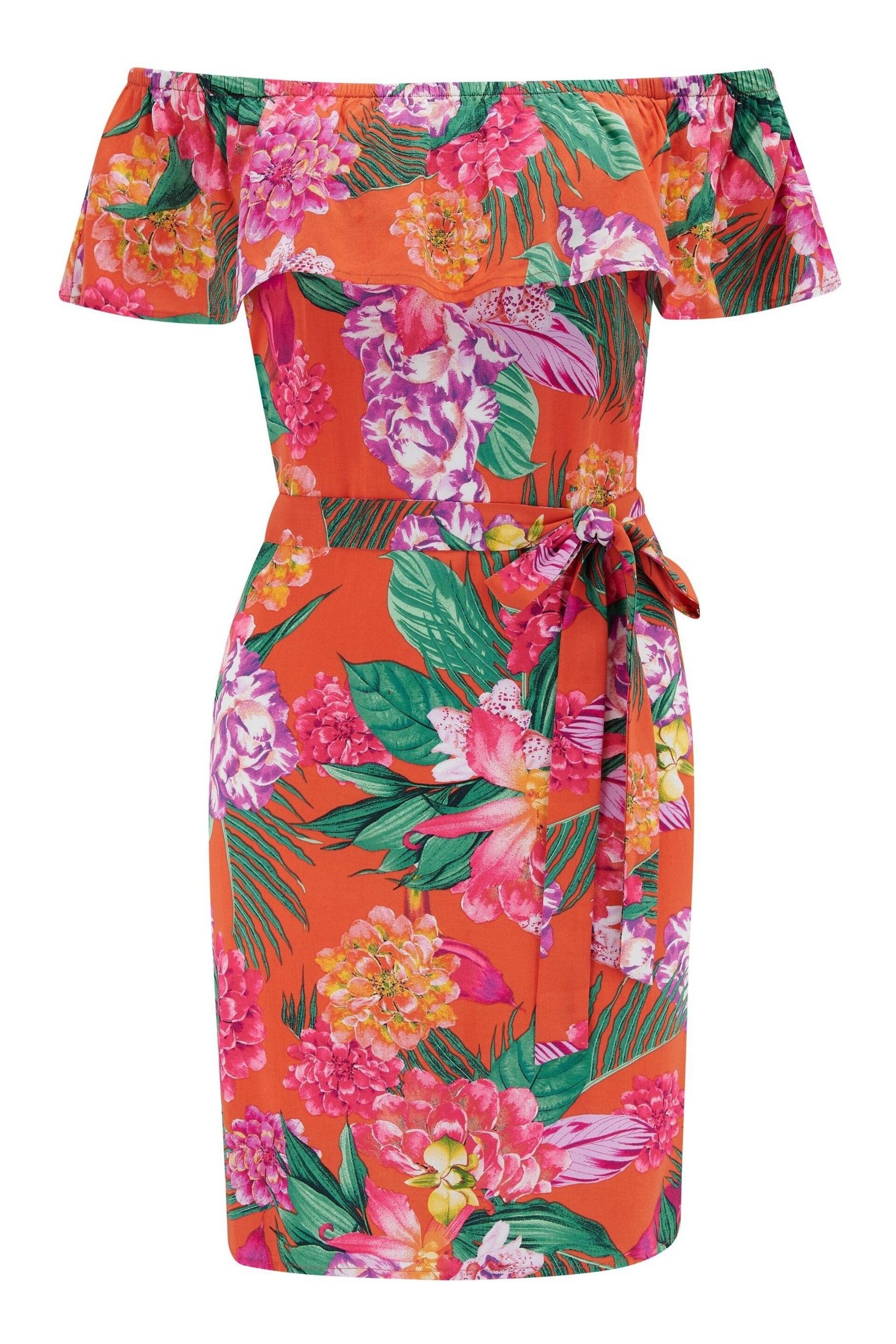 Pour Moi Orange LENZING™ ECOVERO™ Viscose Frill Belted Bardot Dress - Image 3 of 4