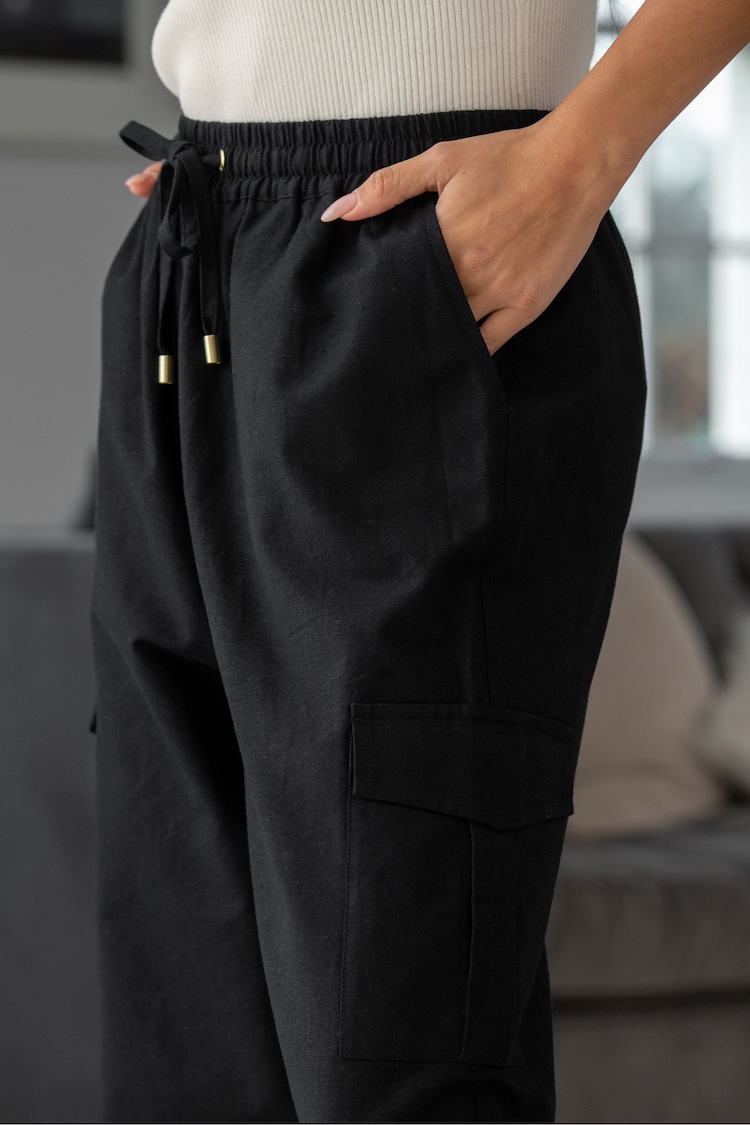 Pour Moi Black Aria Elasticated Woven 100% Cotton Cargo Trousers - Image 2 of 4