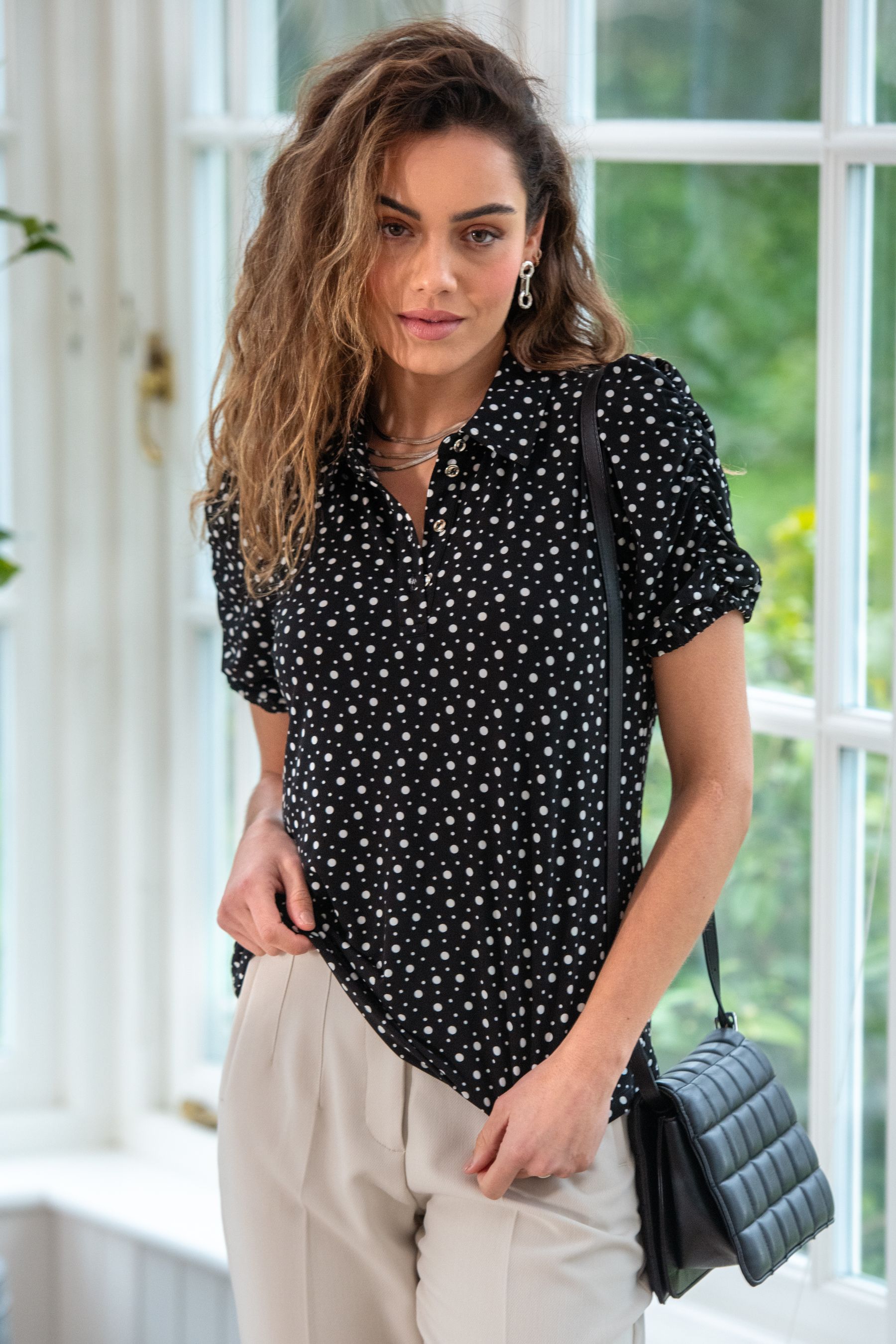 Buy Pour Moi Black White Jodie Fuller Bust Slinky Stretch Half Button Top from the Next UK online shop