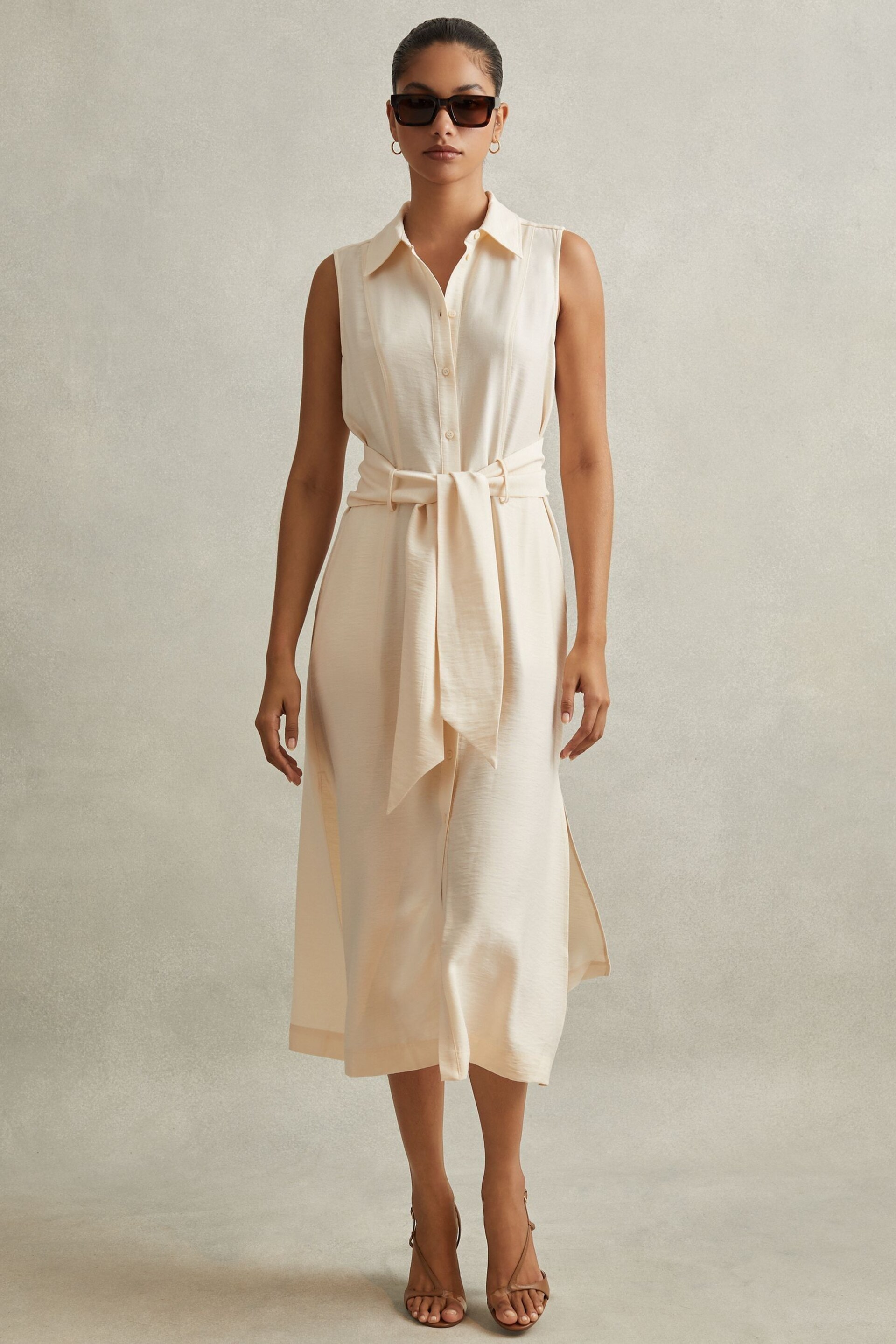 Reiss Cream Morgan Viscose Blend Belted Shirt Dress - Image 1 of 6