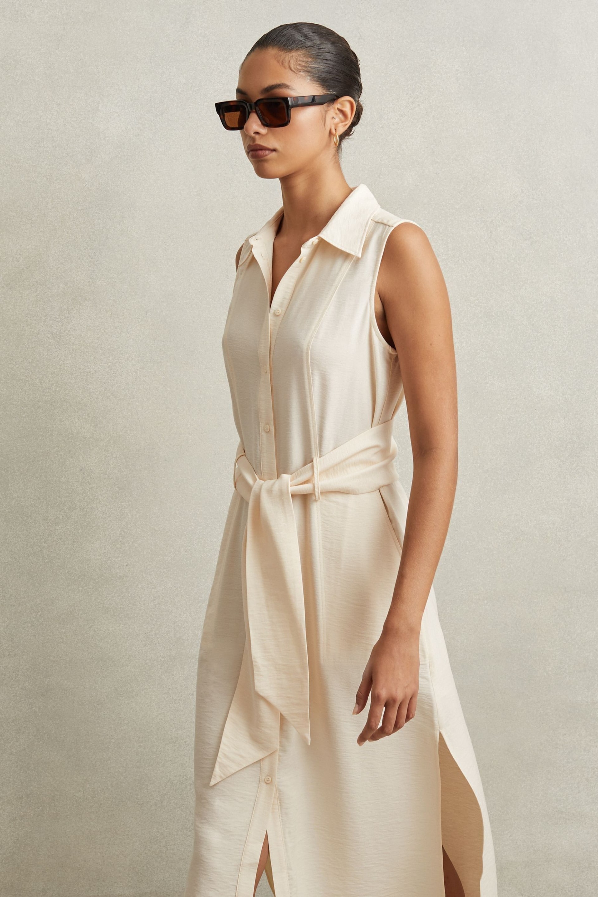 Reiss Cream Morgan Viscose Blend Belted Shirt Dress - Image 5 of 6