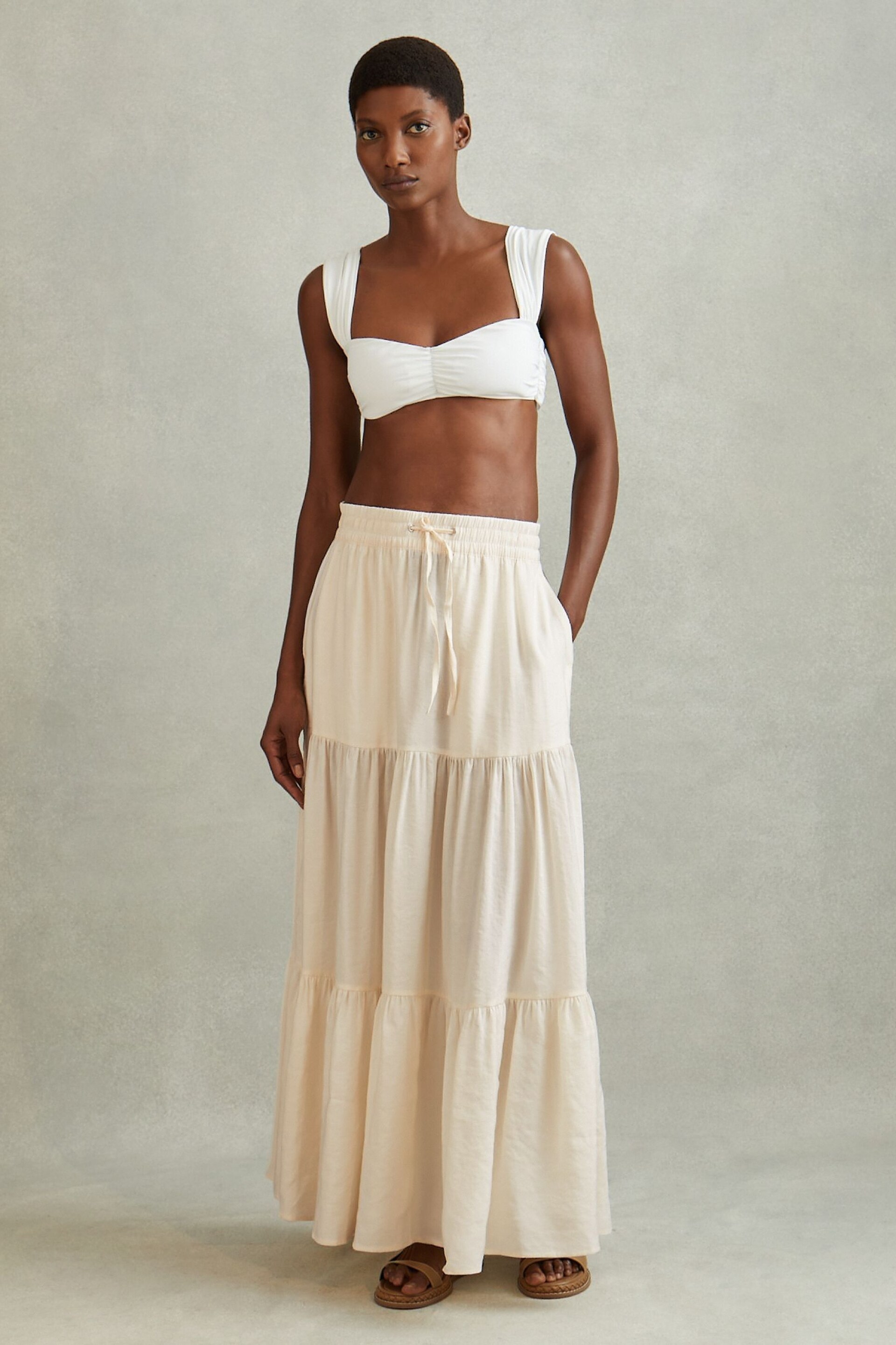 Reiss Neutral Tammy Tiered Drawstring Maxi Skirt - Image 4 of 6