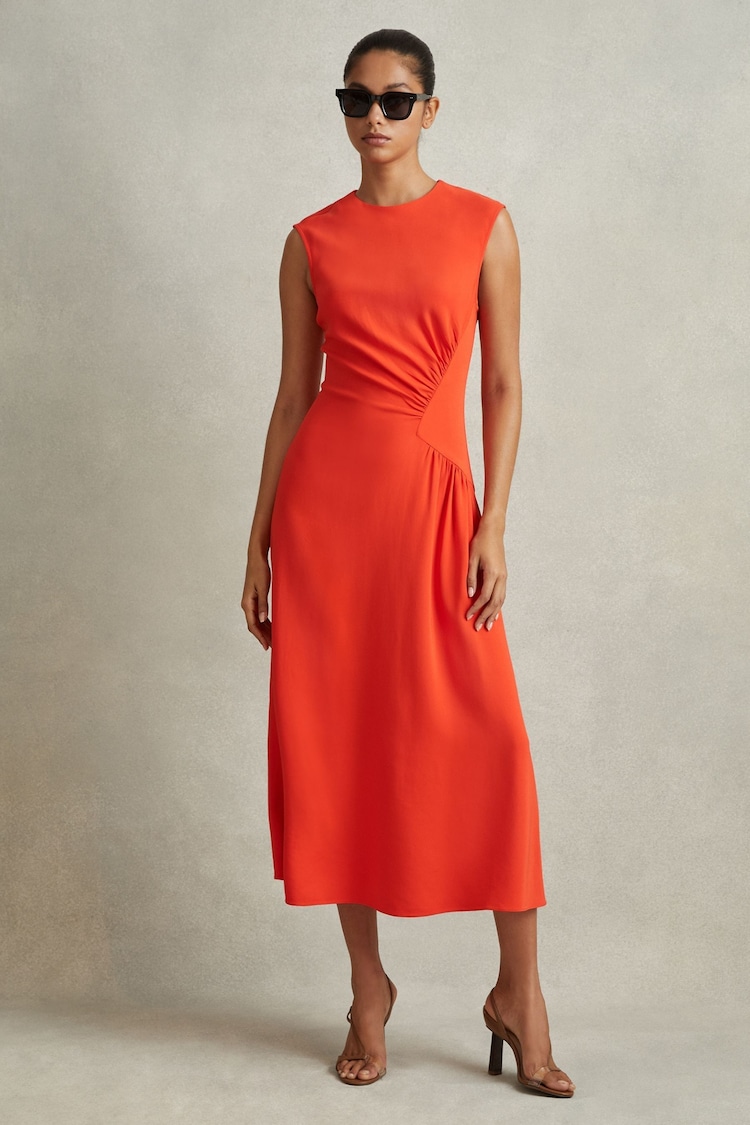 Reiss Orange Stacey Ruched Midi Dress - Image 1 of 6