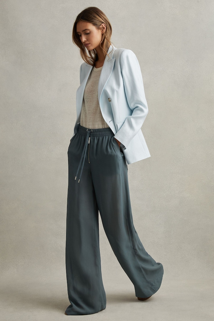 Reiss Blue Cameilla Drawstring Zip-Front Wide Leg Trousers - Image 1 of 6