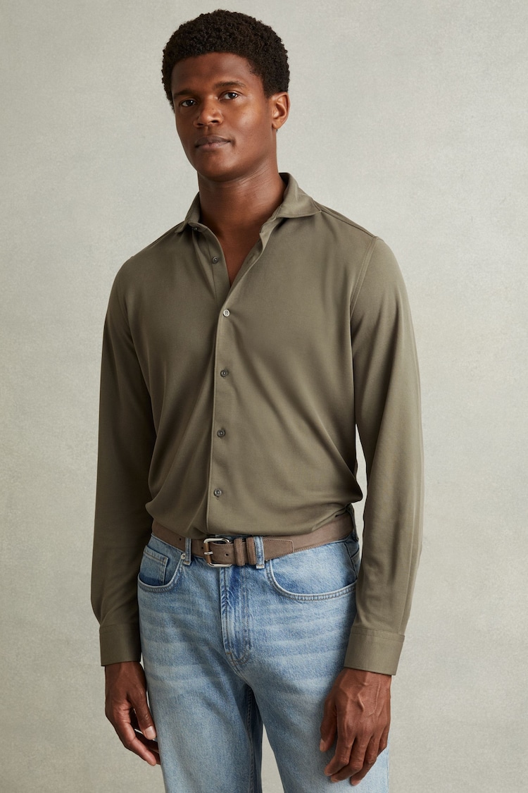 Reiss Khaki Bobby Modal Blend Cutaway Collar Shirt - Image 1 of 6