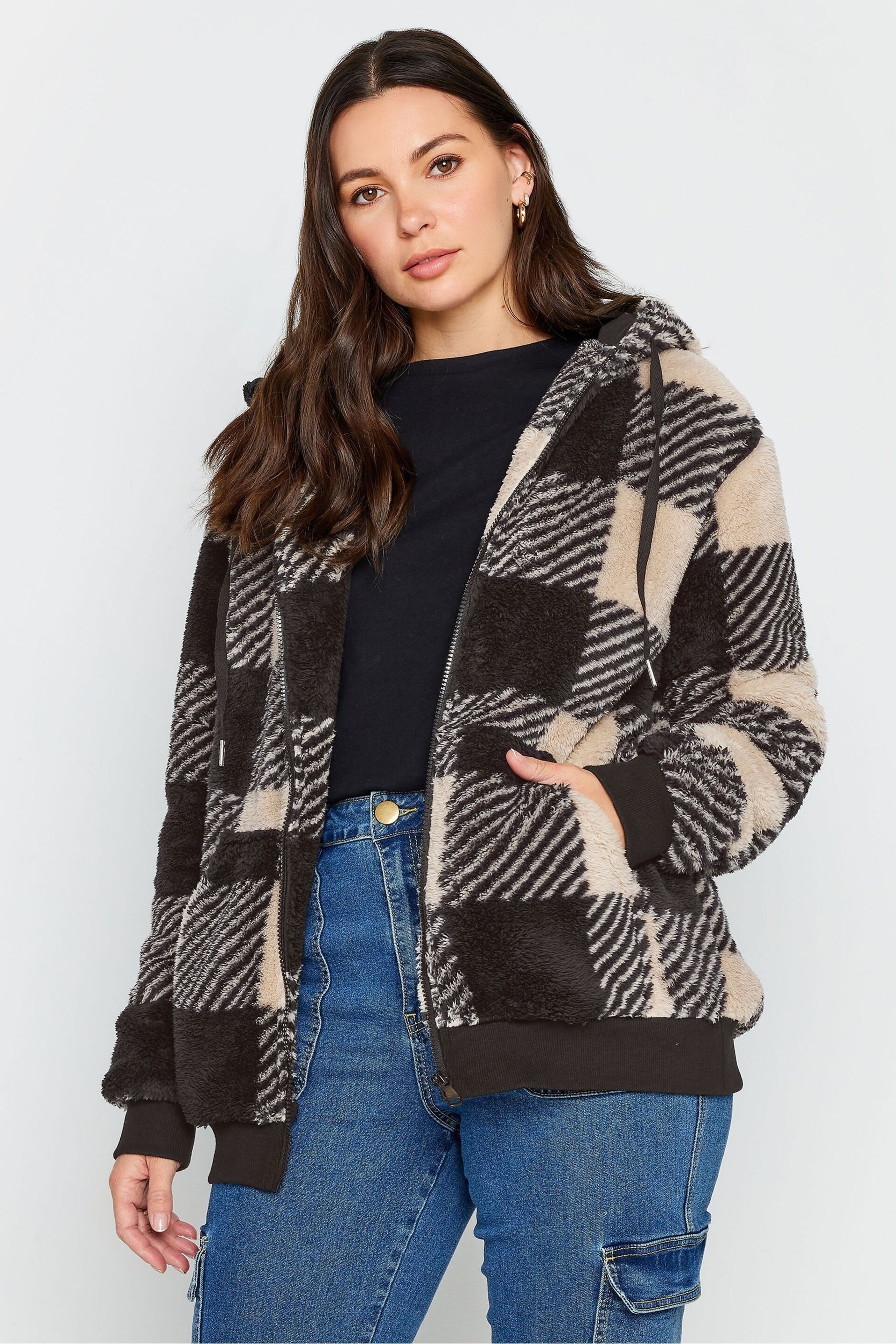 Long Tall Sally Brown Check Zip Through Fleece Hoodie - Image 1 of 4