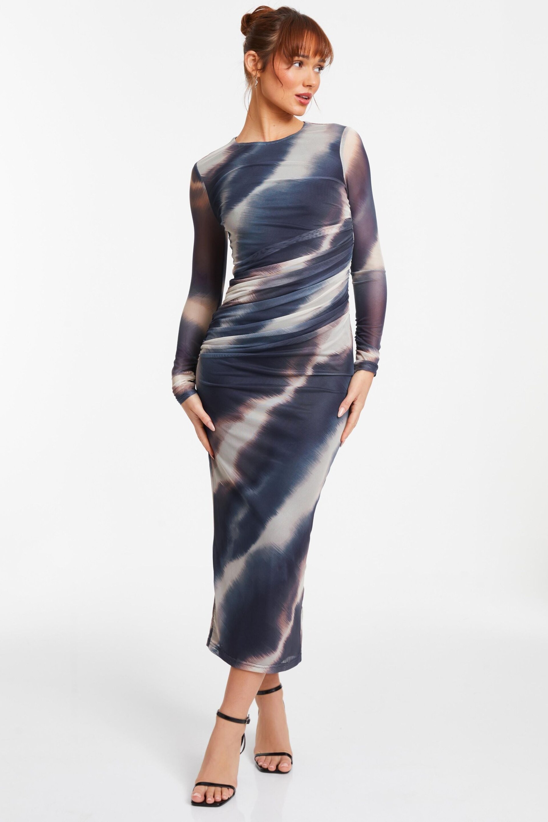 Quiz Blue Mottled Print Mesh Long Sleeve Midaxi Dress - Image 1 of 5