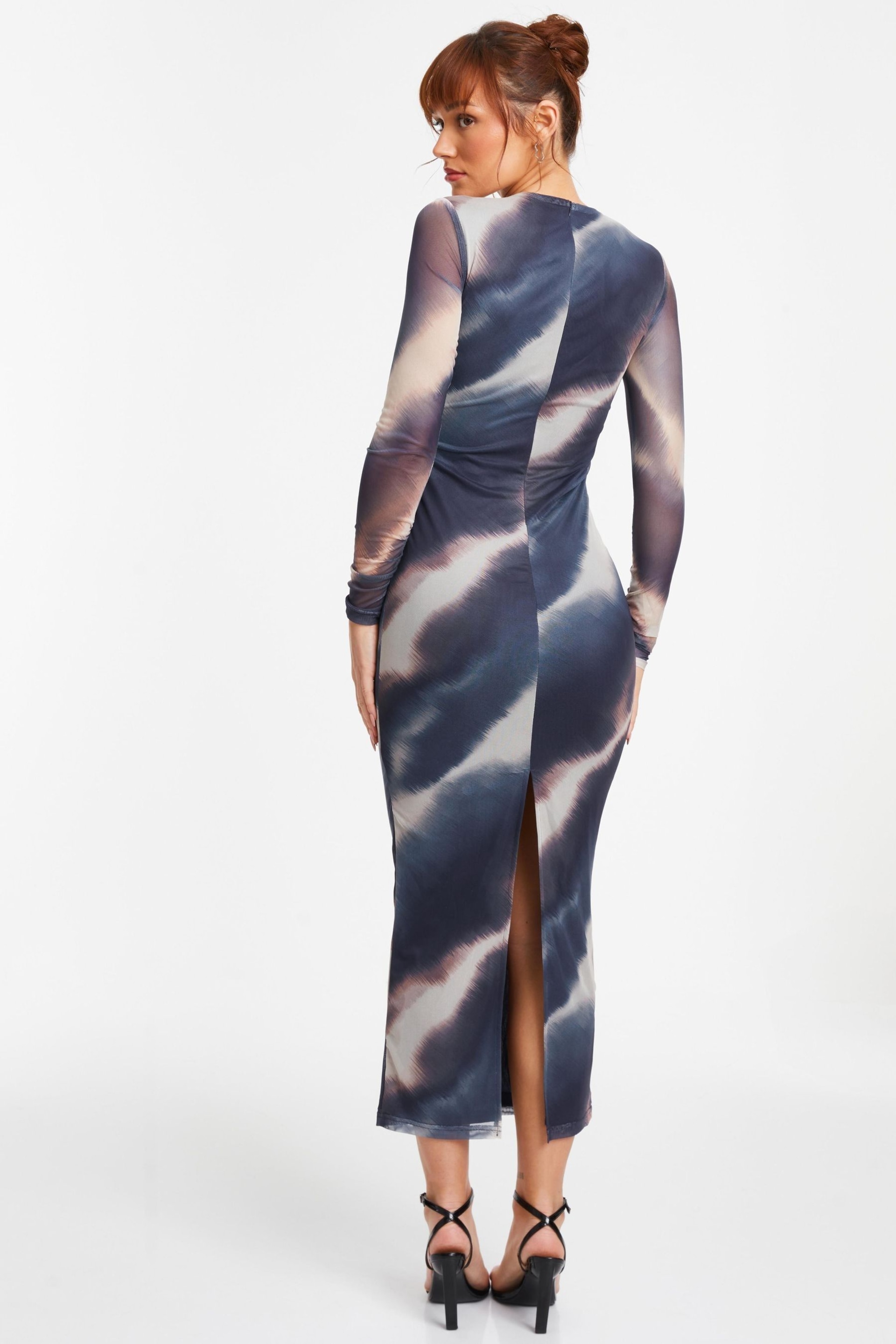 Quiz Blue Mottled Print Mesh Long Sleeve Midaxi Dress - Image 2 of 5