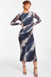 Quiz Blue Mottled Print Mesh Long Sleeve Midaxi Dress - Image 3 of 5