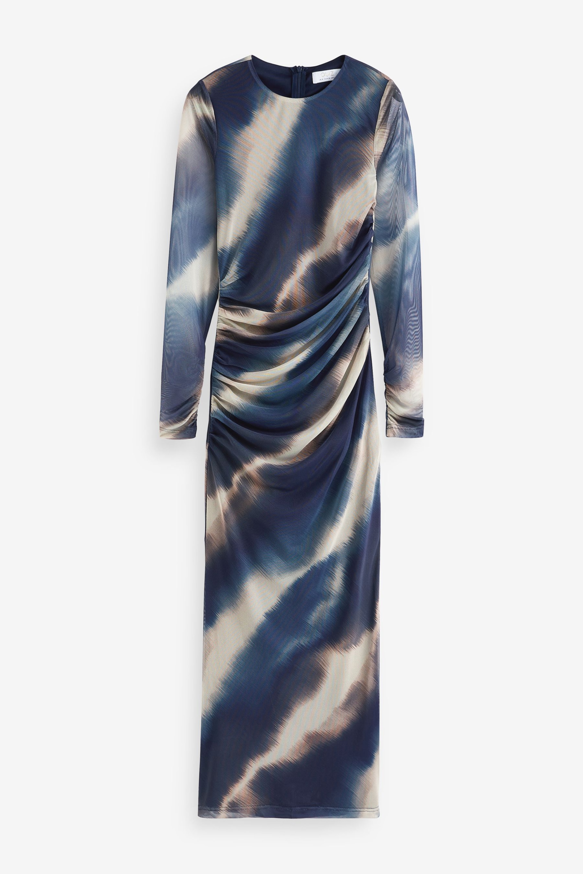 Quiz Blue Mottled Print Mesh Long Sleeve Midaxi Dress - Image 5 of 5