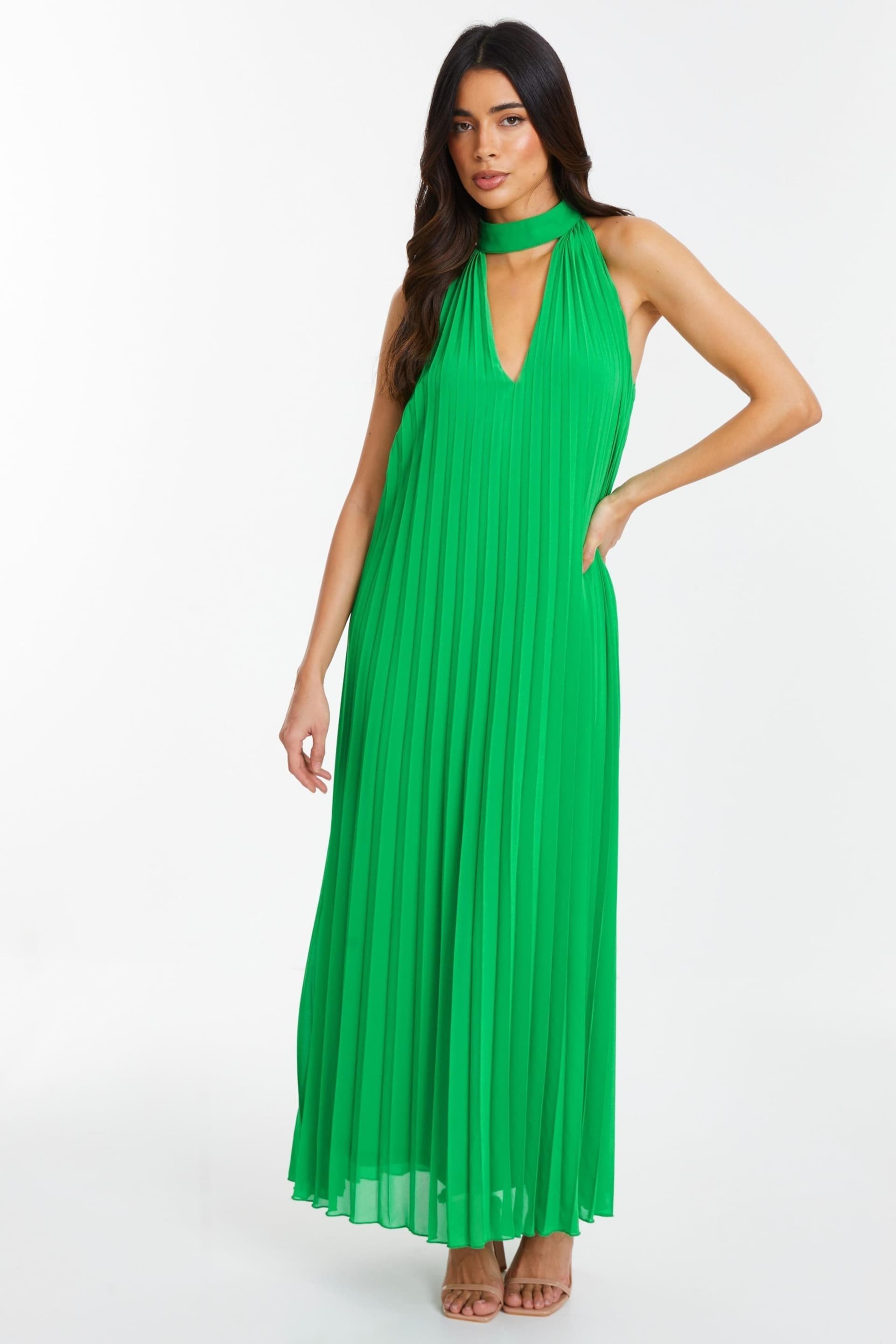 Quiz Green Pleated Chiffon Key Hole Neck Detail Midaxi Dress - Image 1 of 4