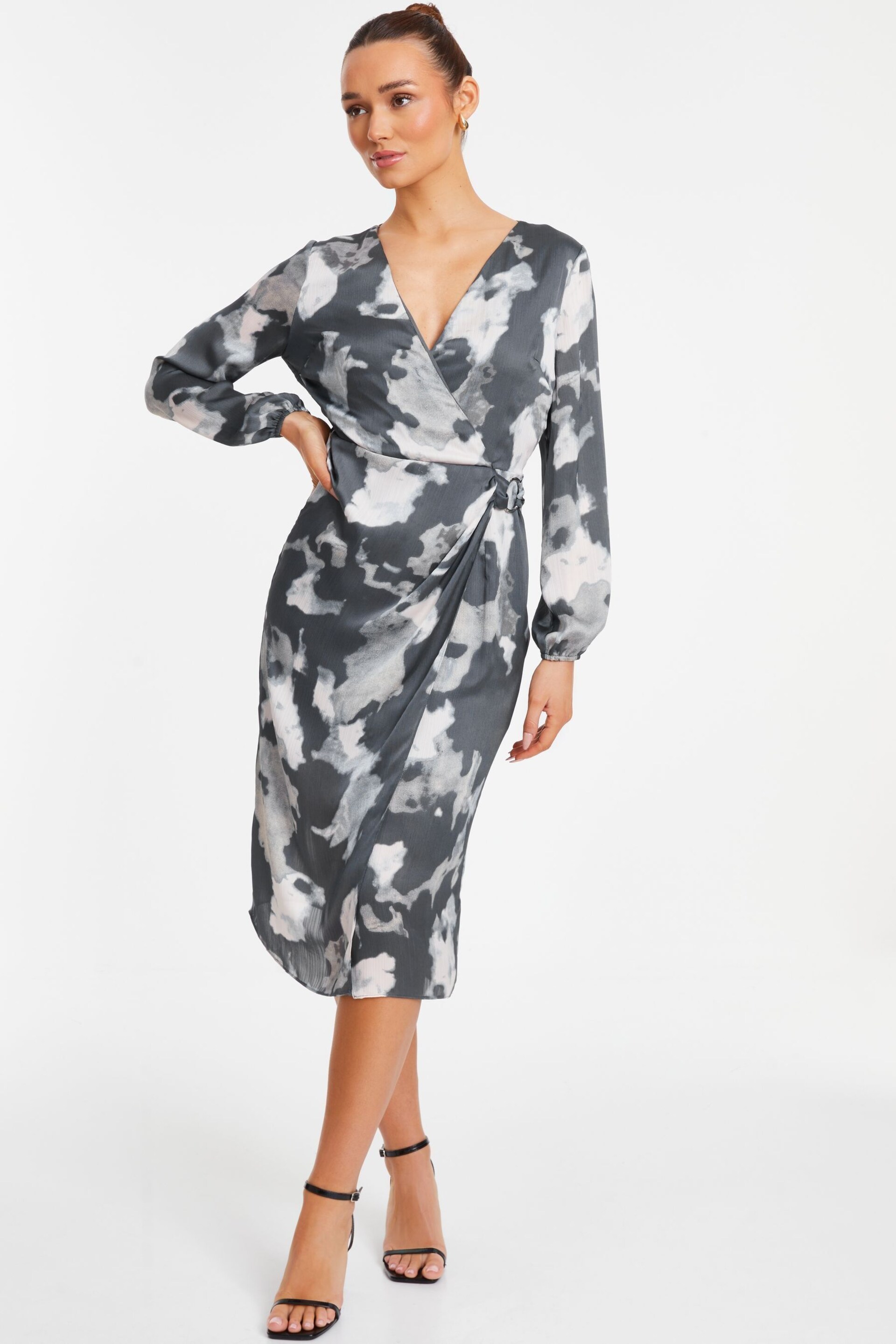 Quiz Grey Smudge Crepe Long Sleeve Midi Dress - Image 1 of 6