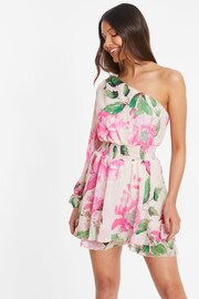 Quiz Natural Chiffon Floral One Shoulder Playsuit - Image 1 of 4