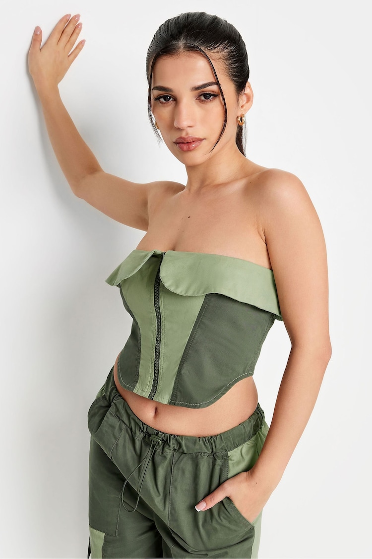 PixieGirl Petite Khaki Green 100% Cotton Colourblock Bandeau Corset Top - Image 1 of 4