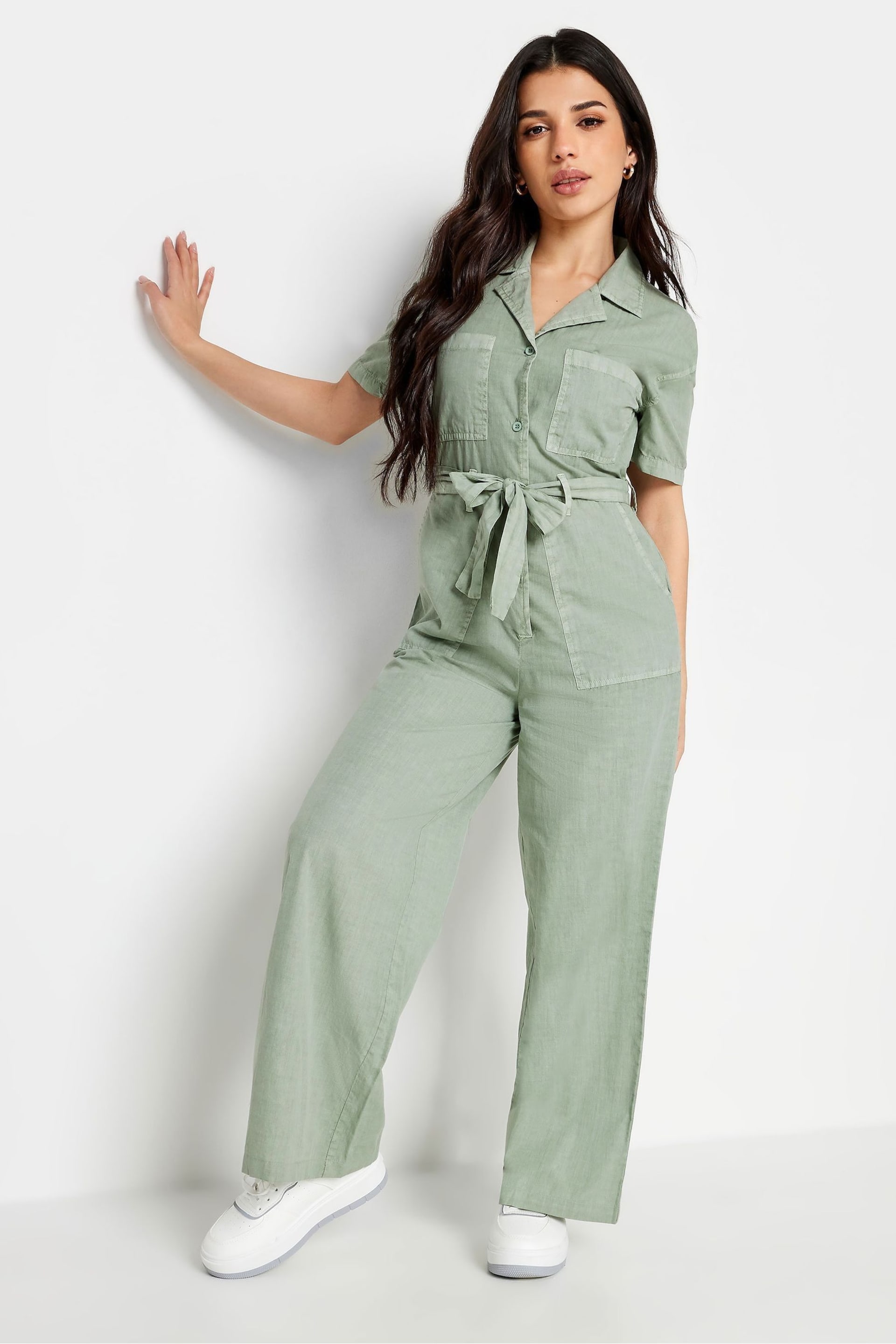 PixieGirl Petite Green Utility Washed Jumpsuit - Image 1 of 4