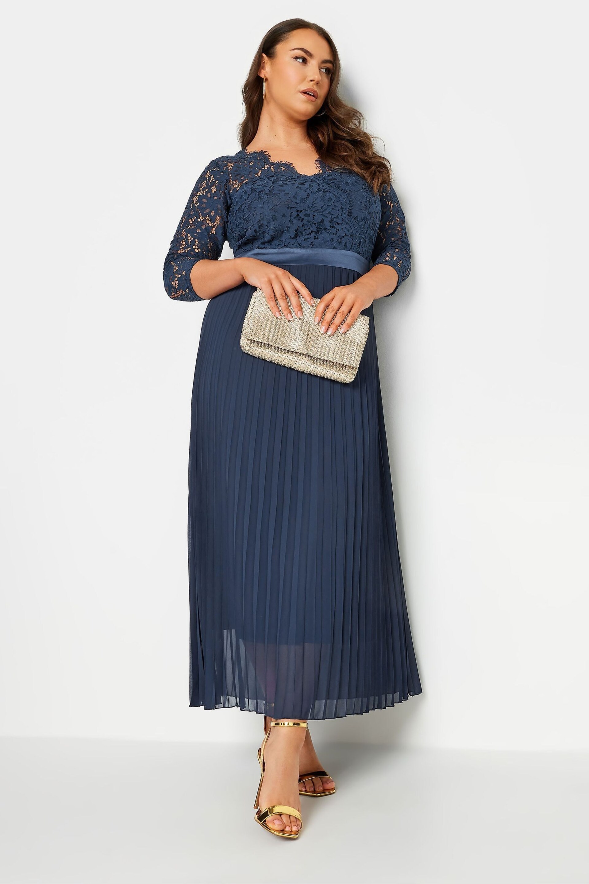 Yours Curve Blue Lace Wrap Pleated Maxi Dress - Image 3 of 4