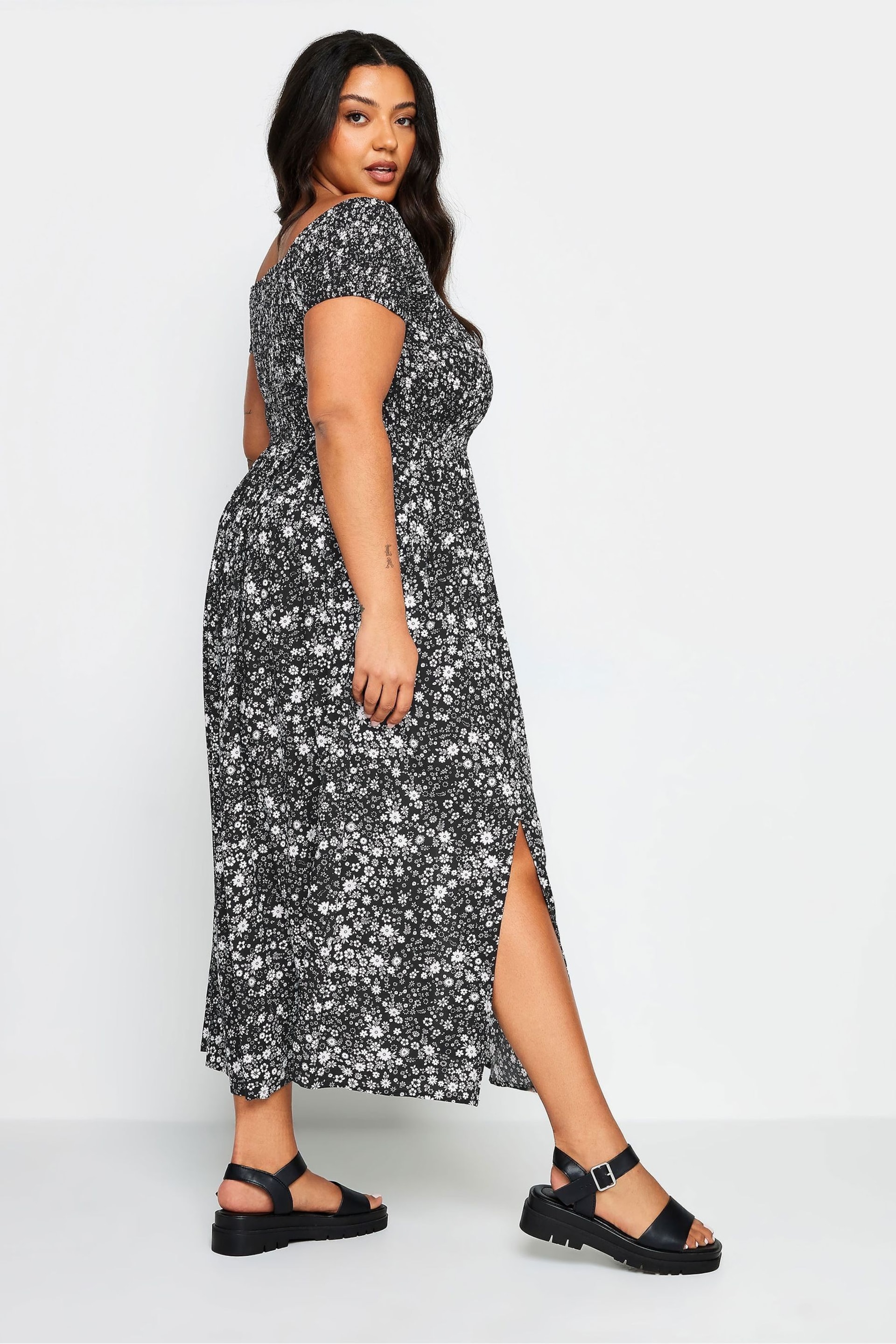 Yours Curve Black Ditsy Floral Print Shirred Bardot Maxi Dress - Image 4 of 5