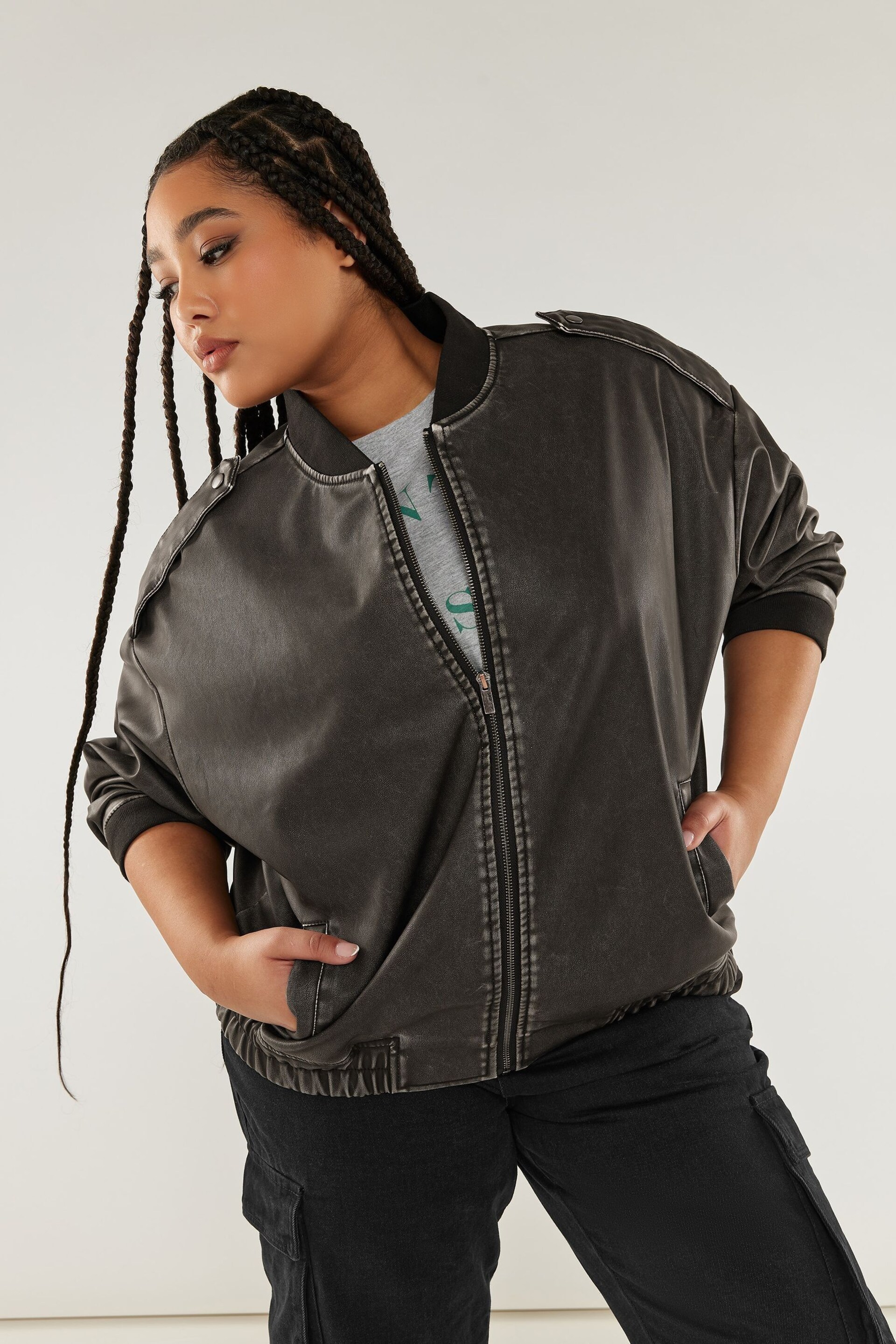 Yours Curve Black Washed PU Bomber Jacket - Image 1 of 2