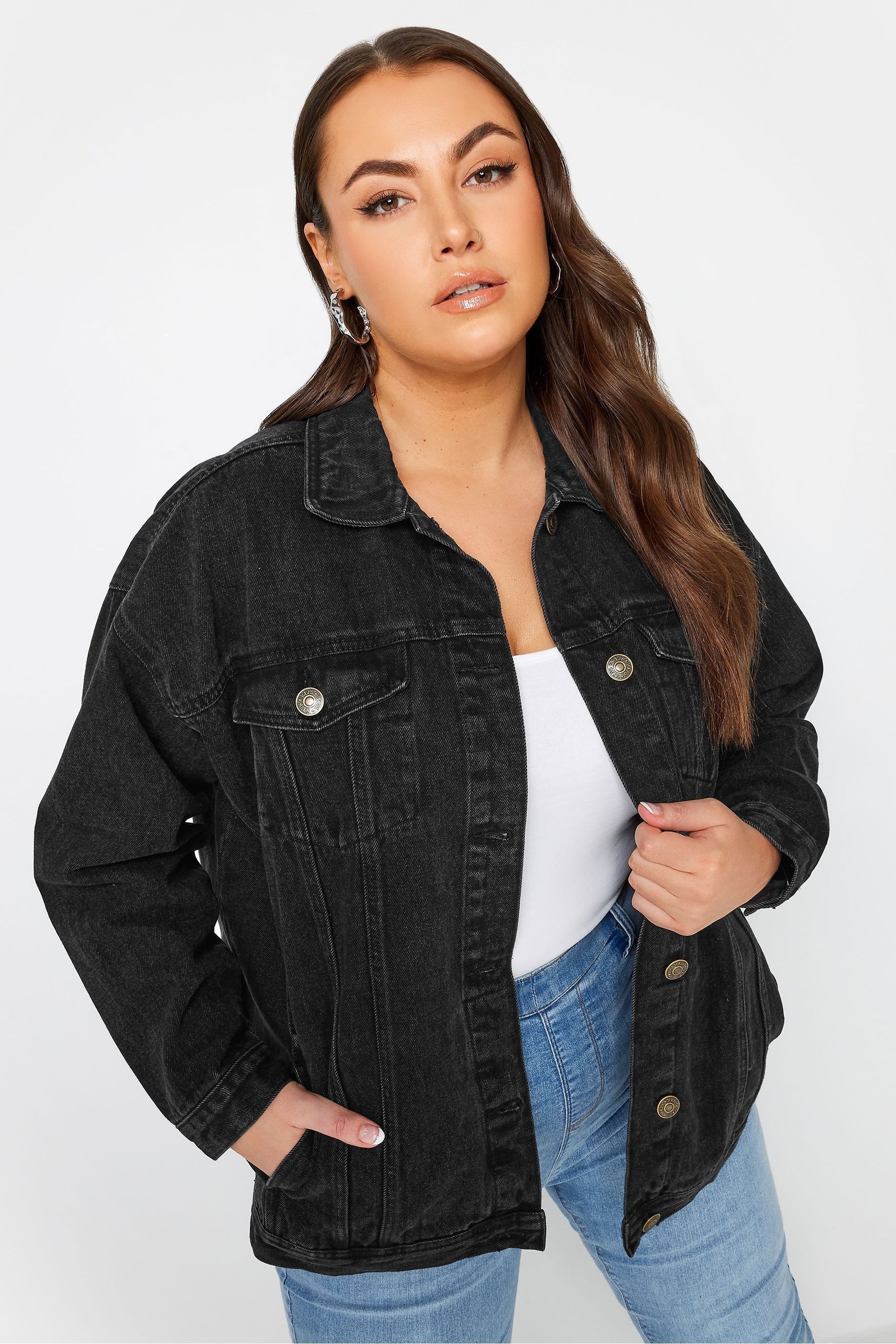 Womens black denim jacket oversized on sale