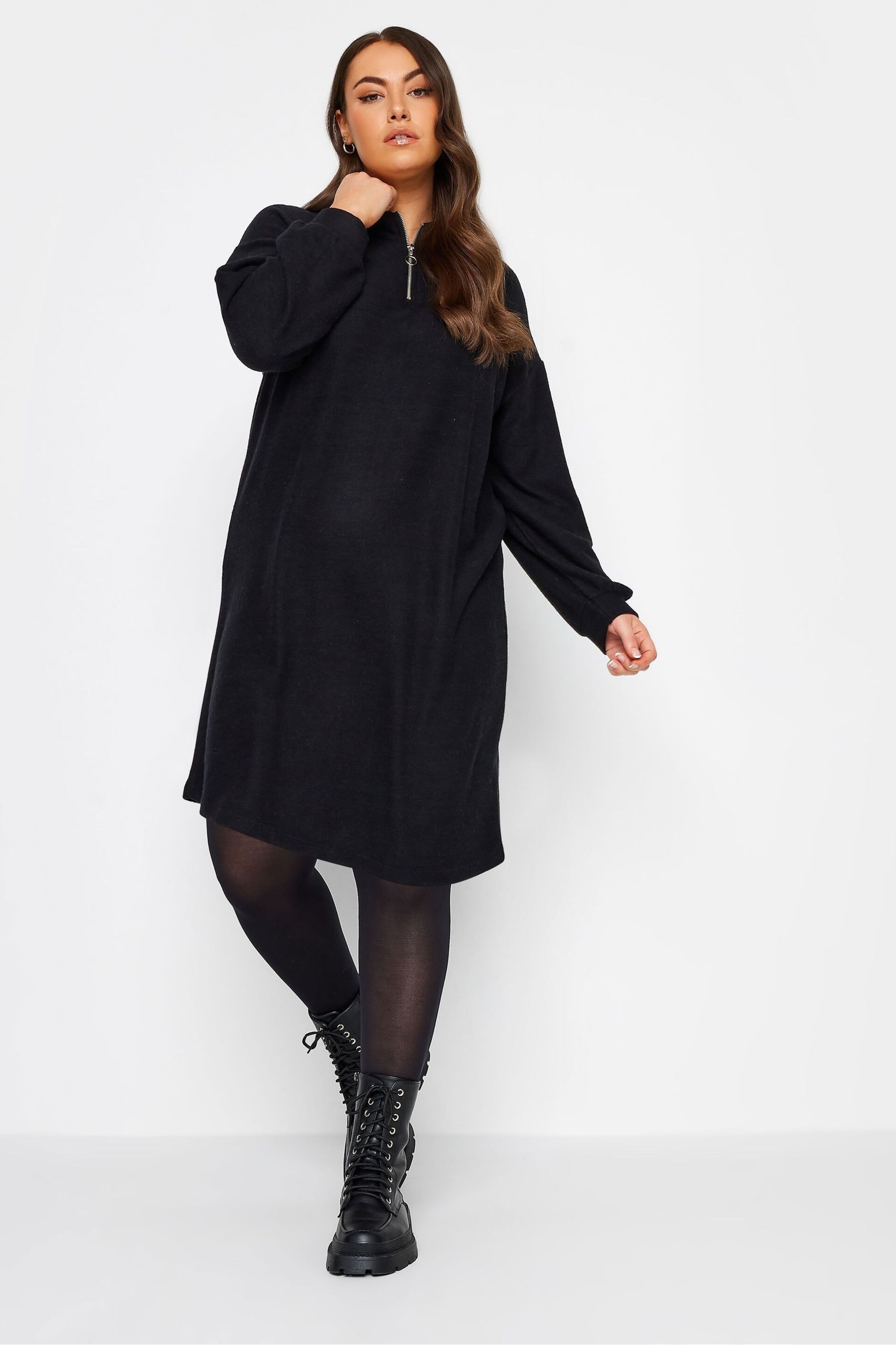 Yours Curve Black Soft Touch Ribbed Half Zip Midi Dress - Image 3 of 4