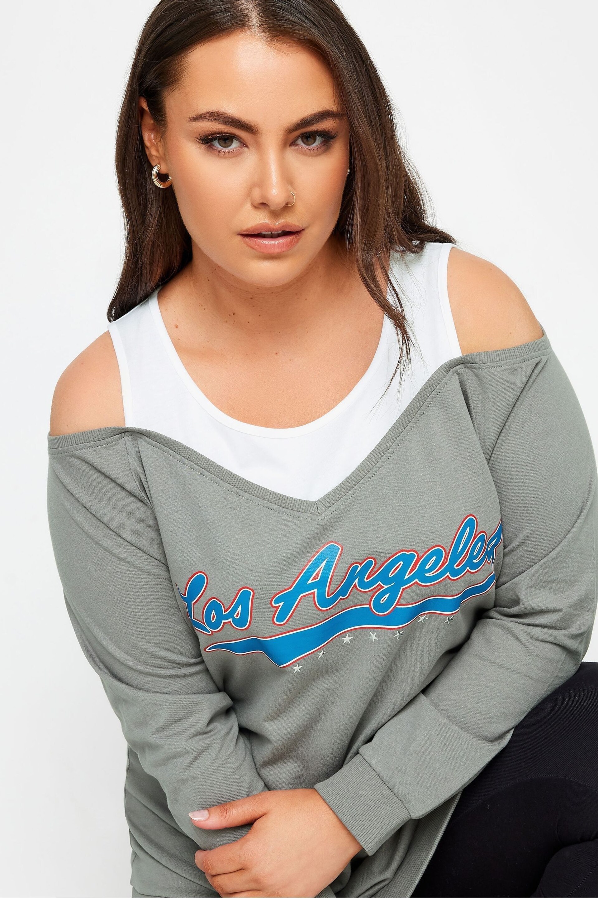 Yours Curve Grey 'Los Angeles'  Print Bardot Top - Image 4 of 4