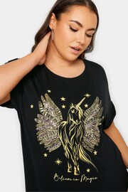 Yours Curve Black Glitter Heart Print T-Shirt - Image 4 of 5
