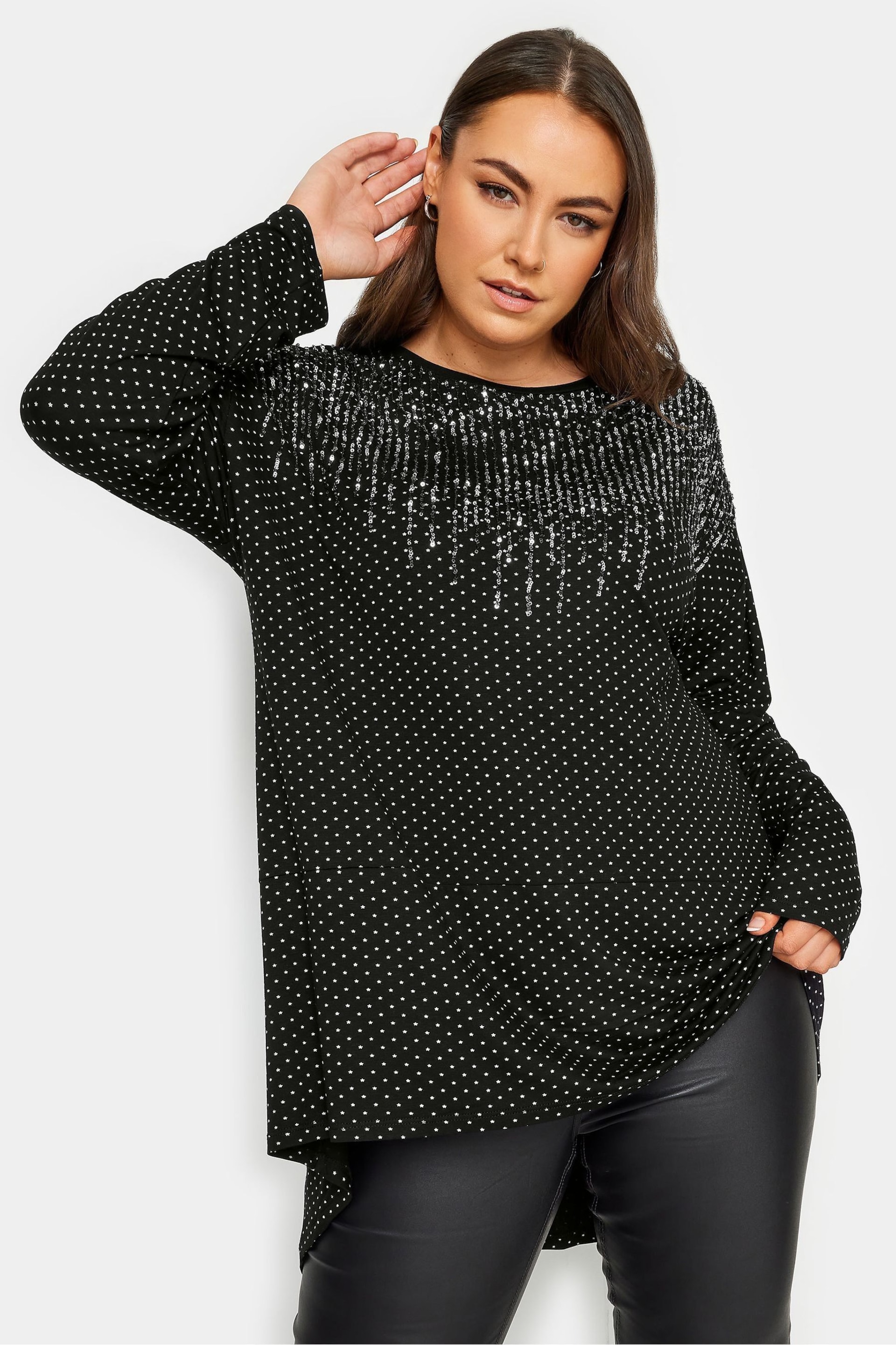 Yours Curve Black Sequin Embellished Long Sleeve Top - Image 1 of 5