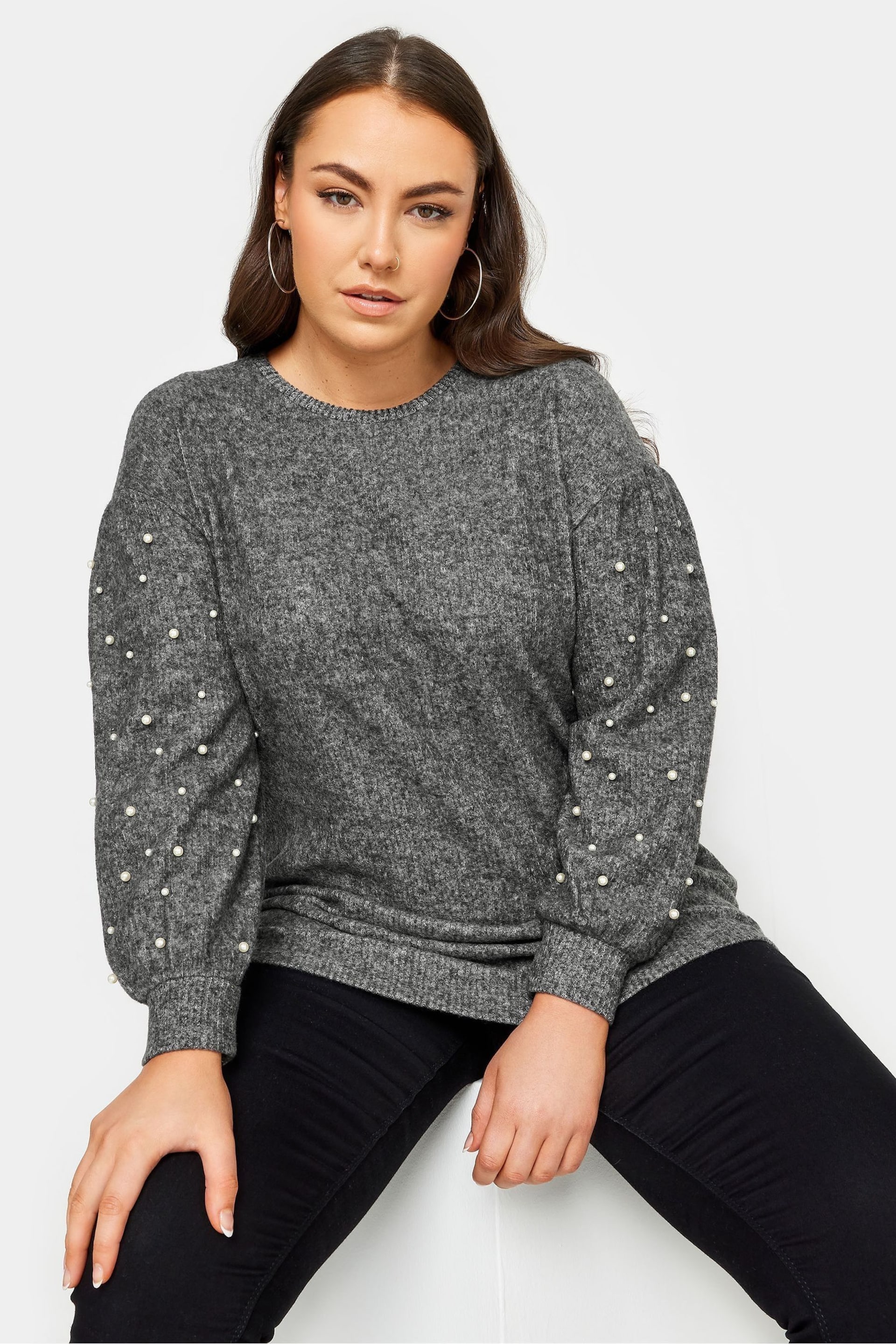 Yours Curve Grey Soft Touch Pearl Embellished Sweatshirt - Image 1 of 5