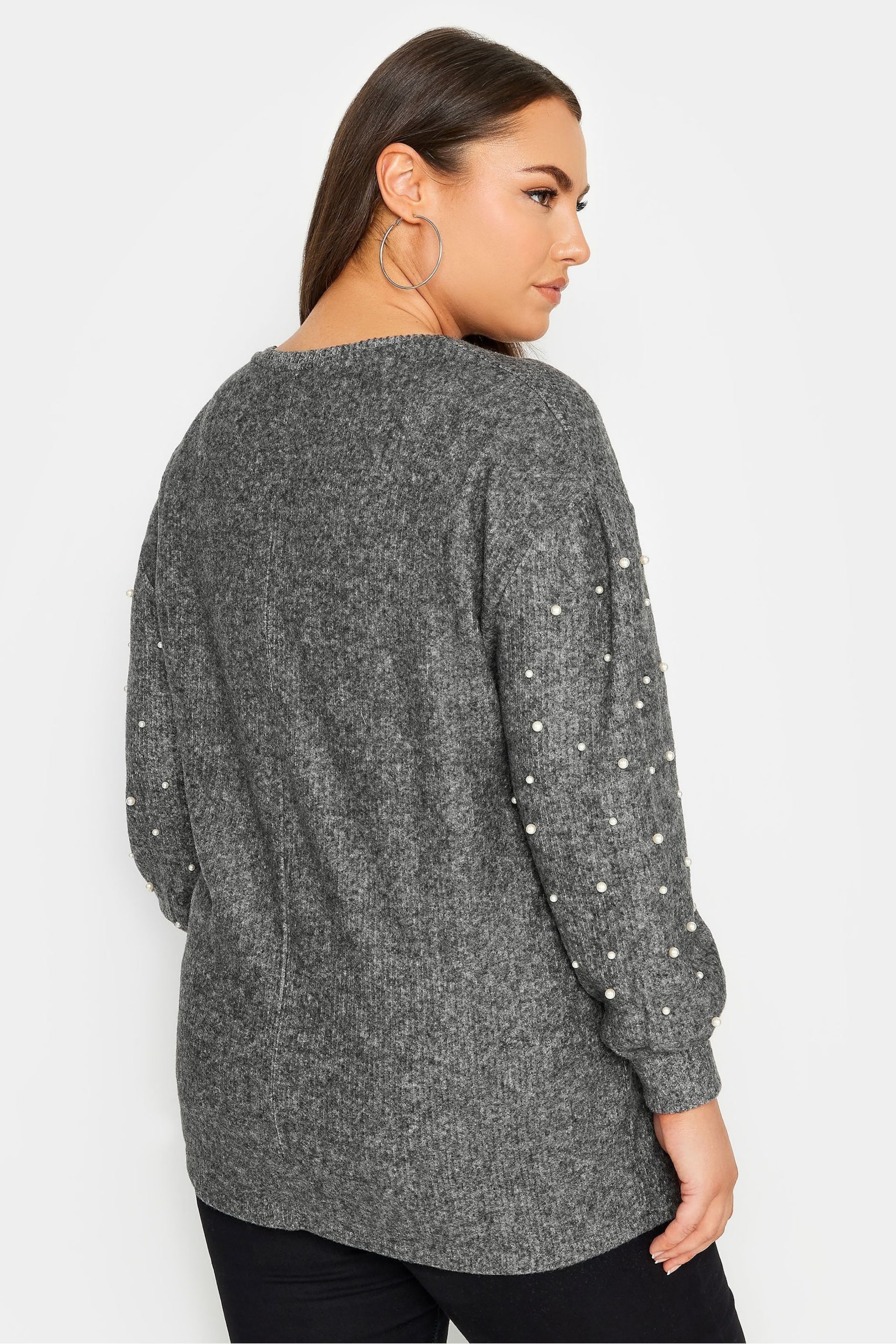 Yours Curve Grey Soft Touch Pearl Embellished Sweatshirt - Image 2 of 5