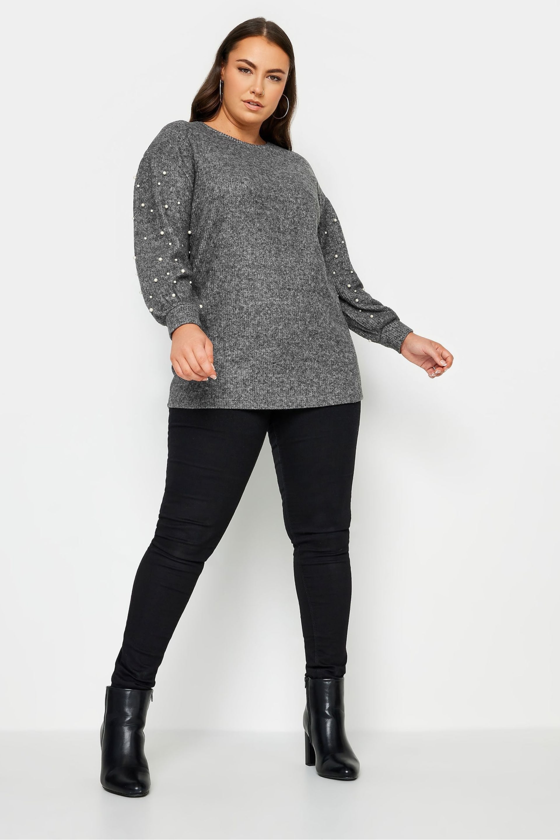 Yours Curve Grey Soft Touch Pearl Embellished Sweatshirt - Image 3 of 5