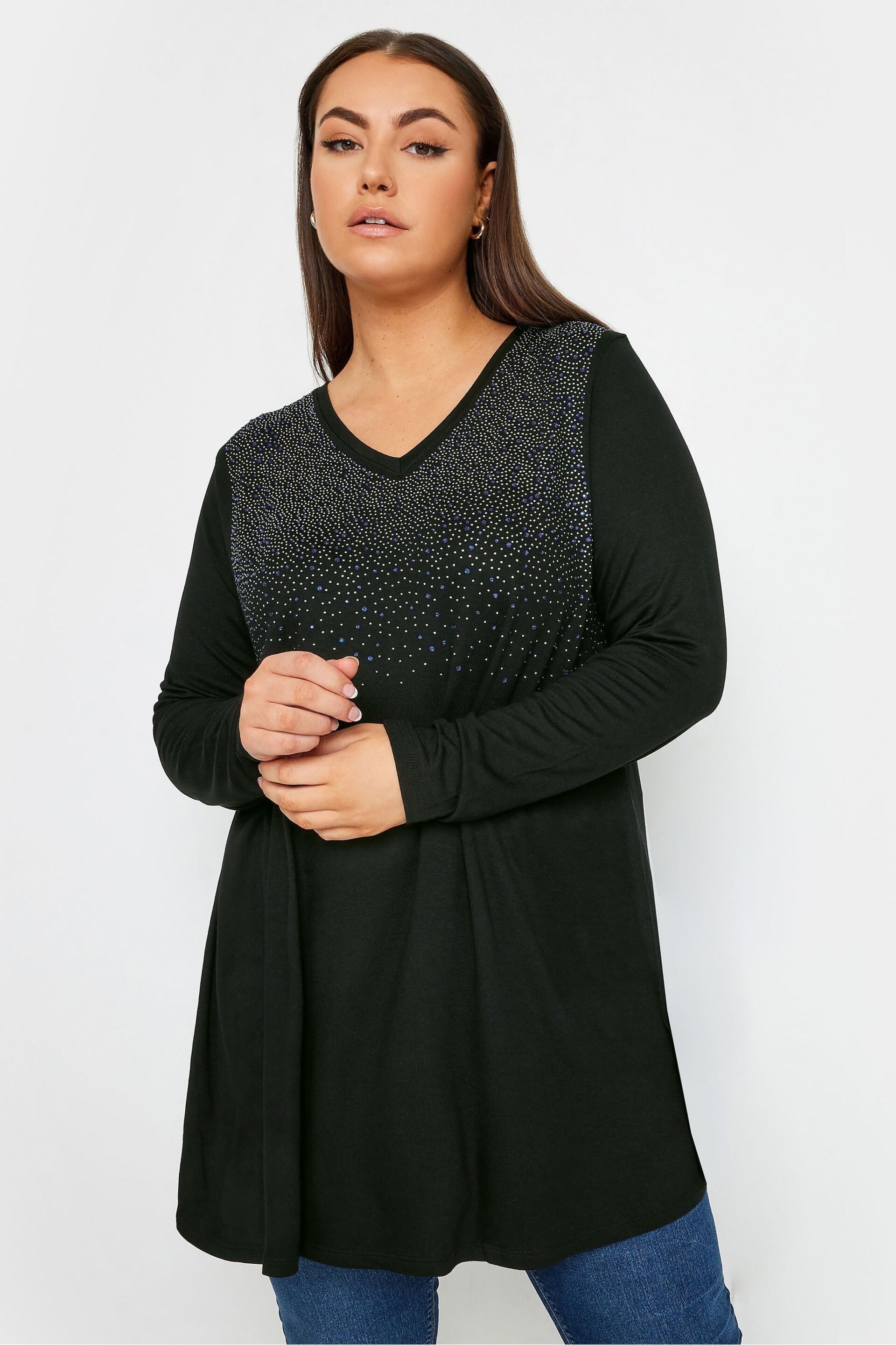 Yours Curve Black Stud Embellished Long Sleeve Top - Image 1 of 5