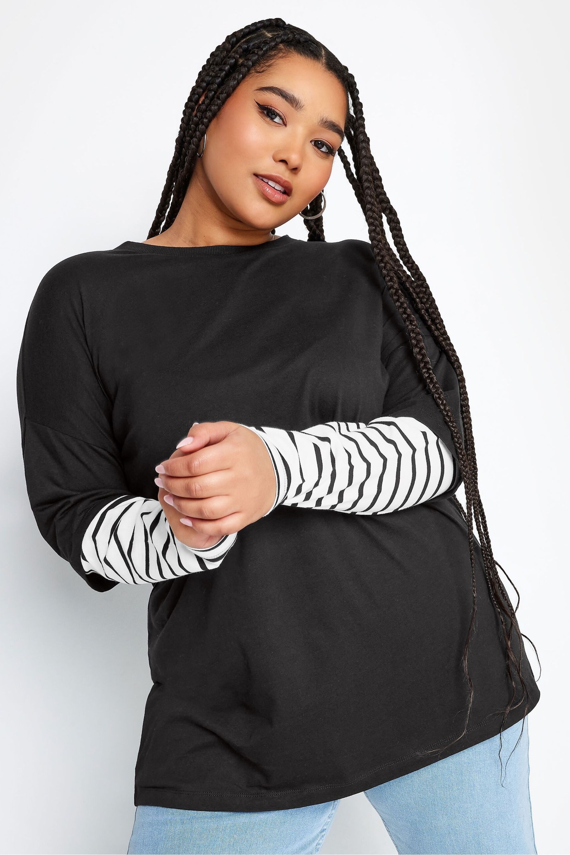 Yours Curve Black 2 In 1 Stripe Sleeve Top - Image 1 of 4
