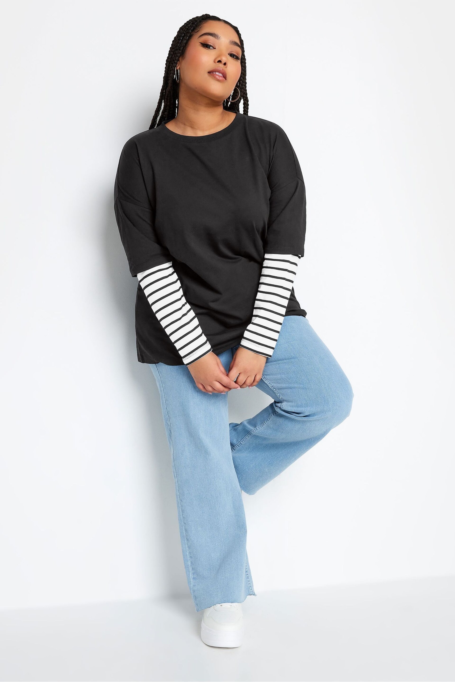 Yours Curve Black 2 In 1 Stripe Sleeve Top - Image 2 of 4